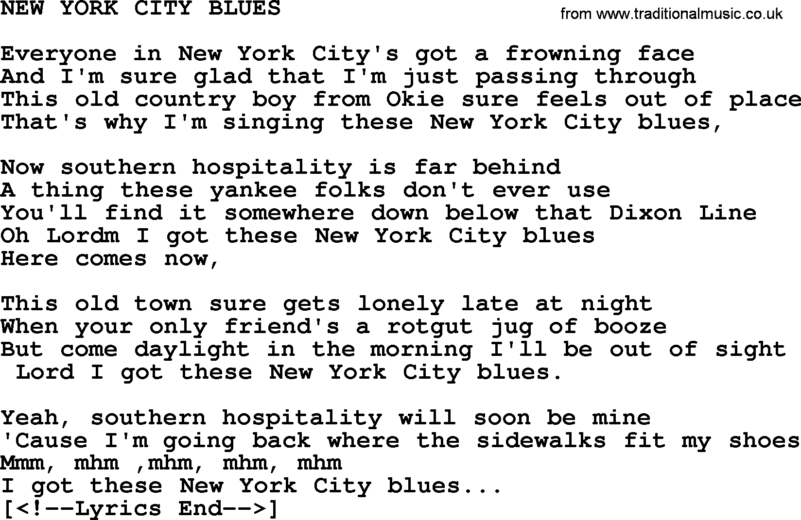 Merle Haggard song: New York City Blues, lyrics.
