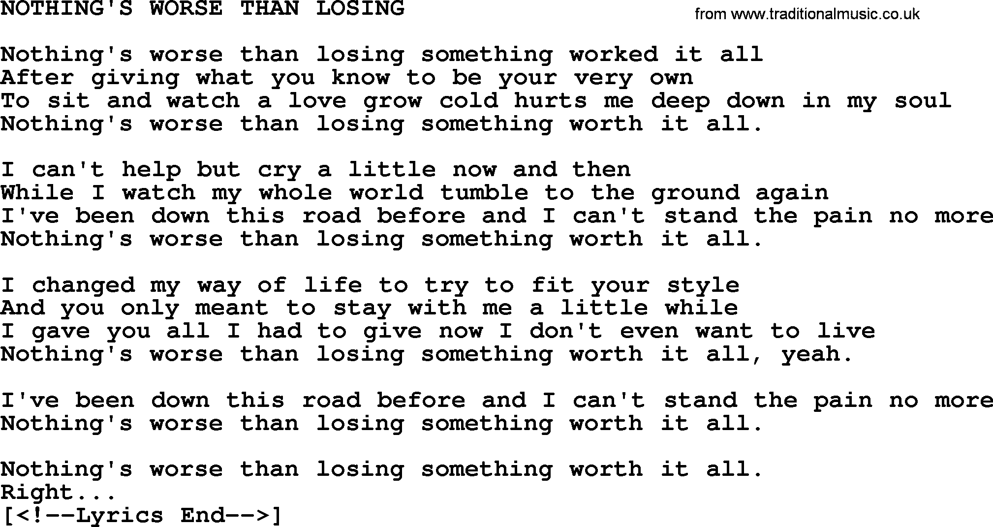 Merle Haggard song: Nothing's Worse Than Losing, lyrics.