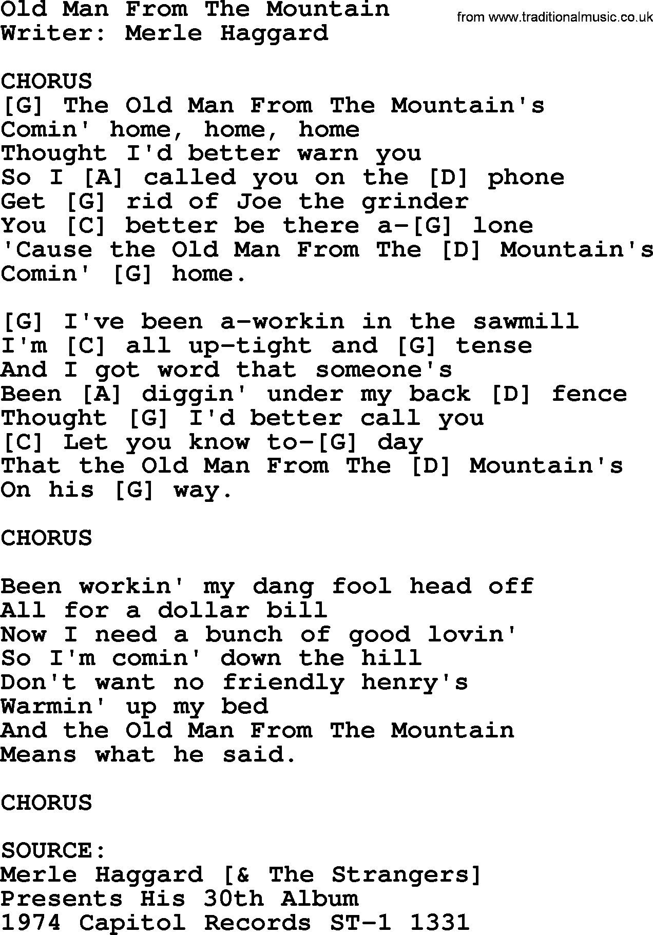 Merle Haggard song: Old Man From The Mountain, lyrics and chords