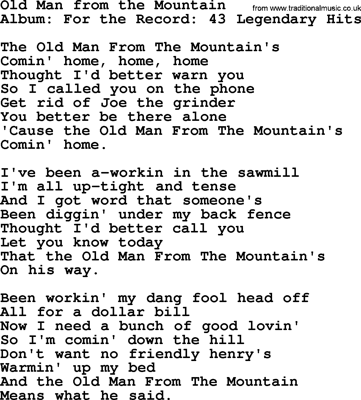 Merle Haggard song: Old Man From The Mountain, lyrics.