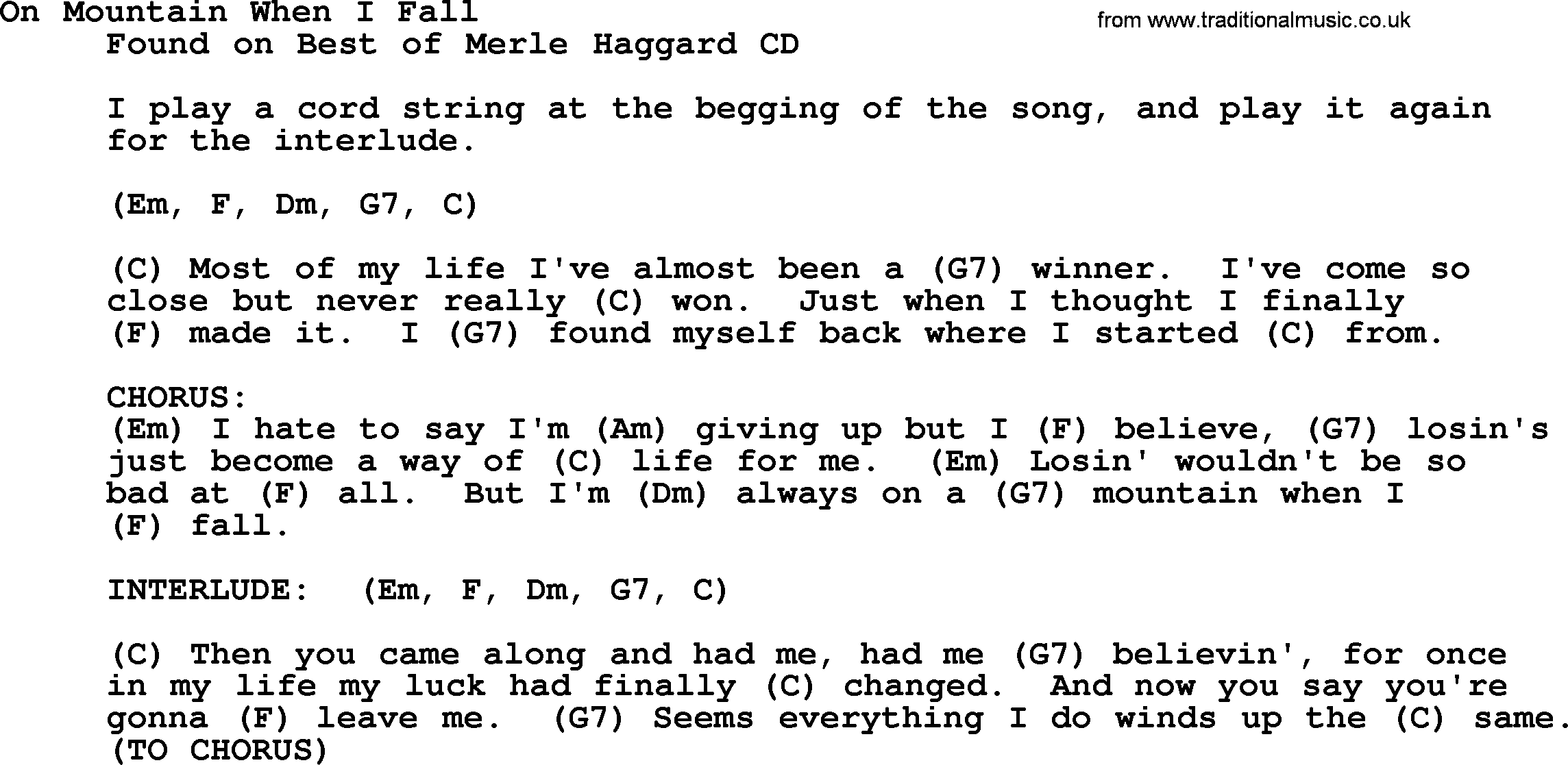 Merle Haggard song: On Mountain When I Fall, lyrics and chords