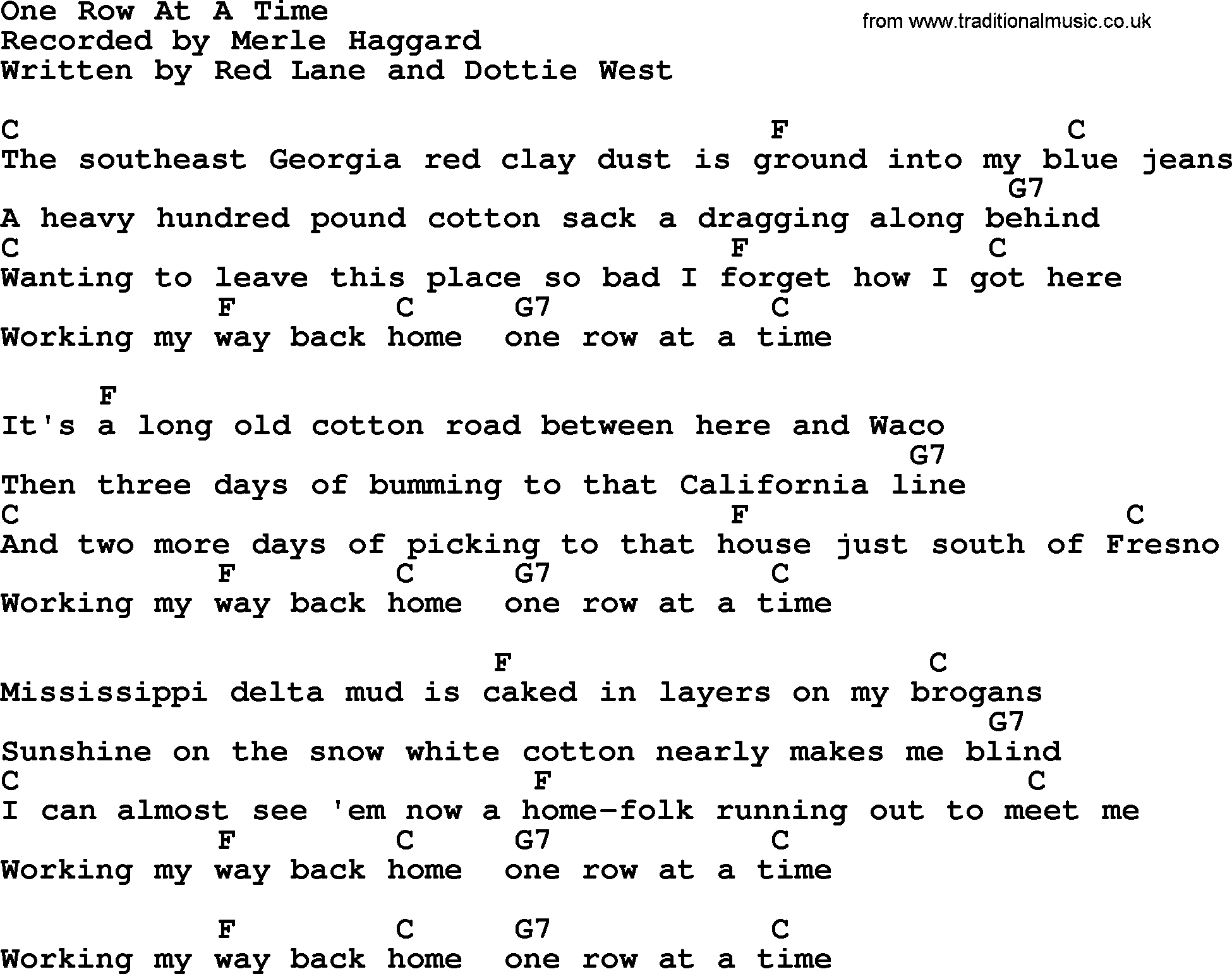 Merle Haggard song: One Row At A Time, lyrics and chords