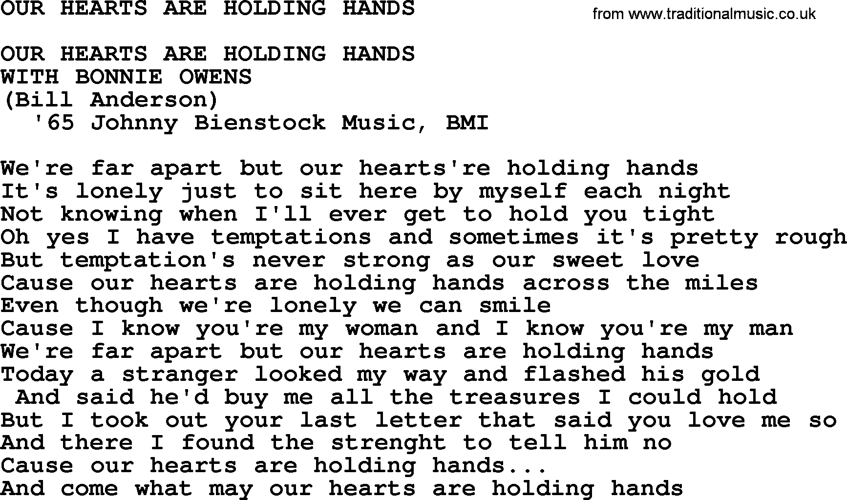 Merle Haggard song: Our Hearts Are Holding Hands, lyrics.