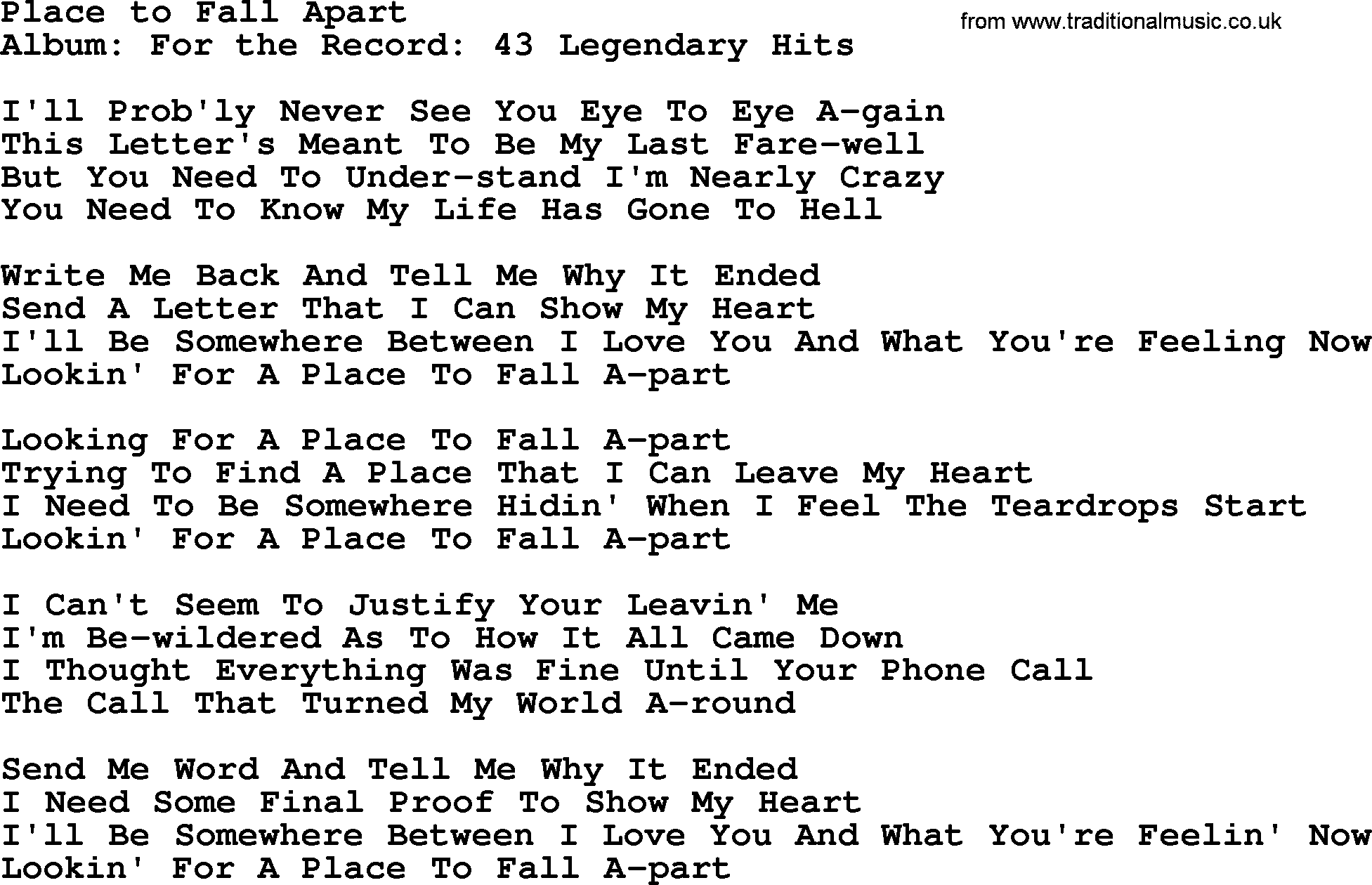 Merle Haggard song: Place To Fall Apart, lyrics.