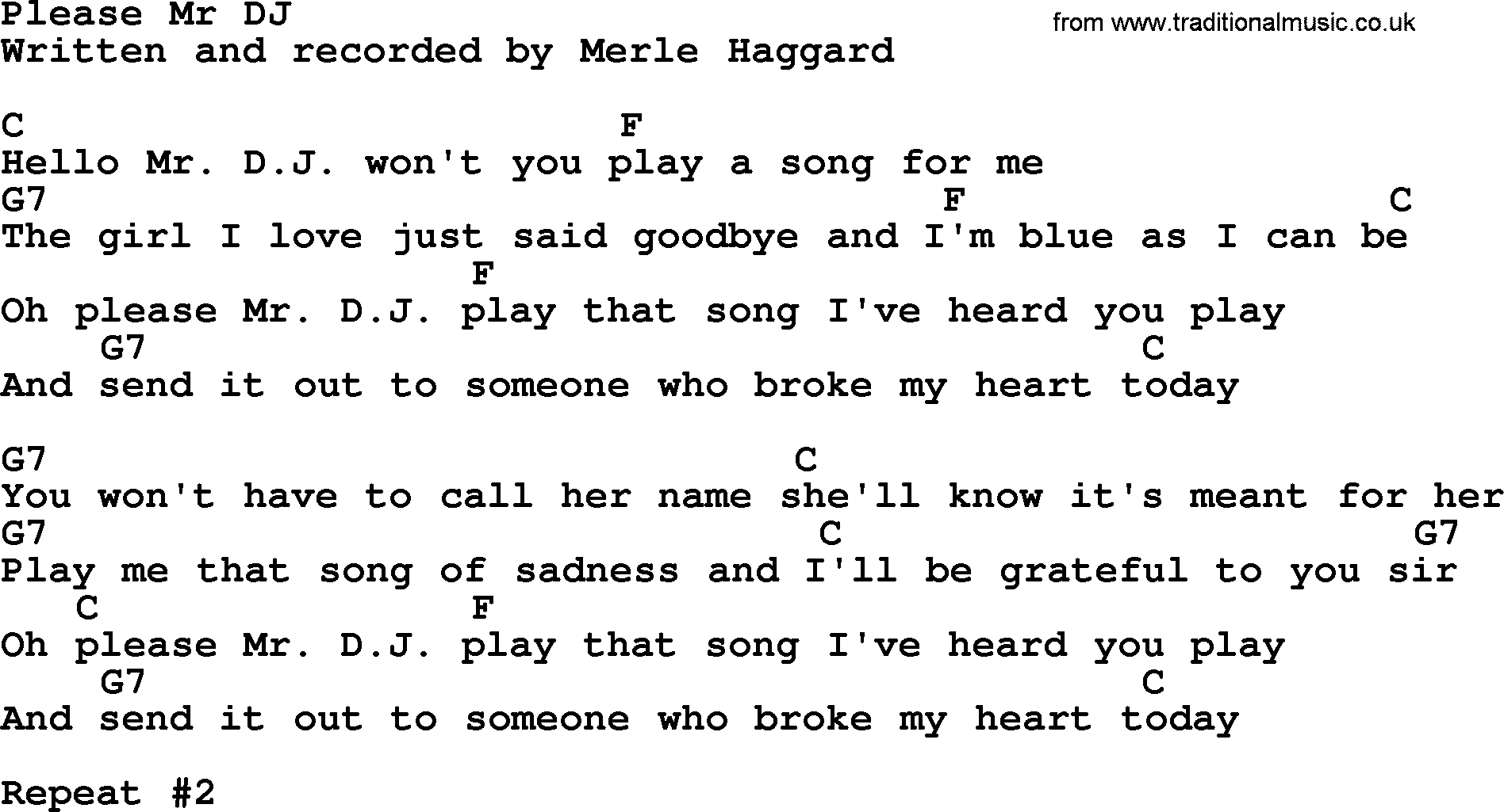 Merle Haggard song: Please Mr DJ, lyrics and chords