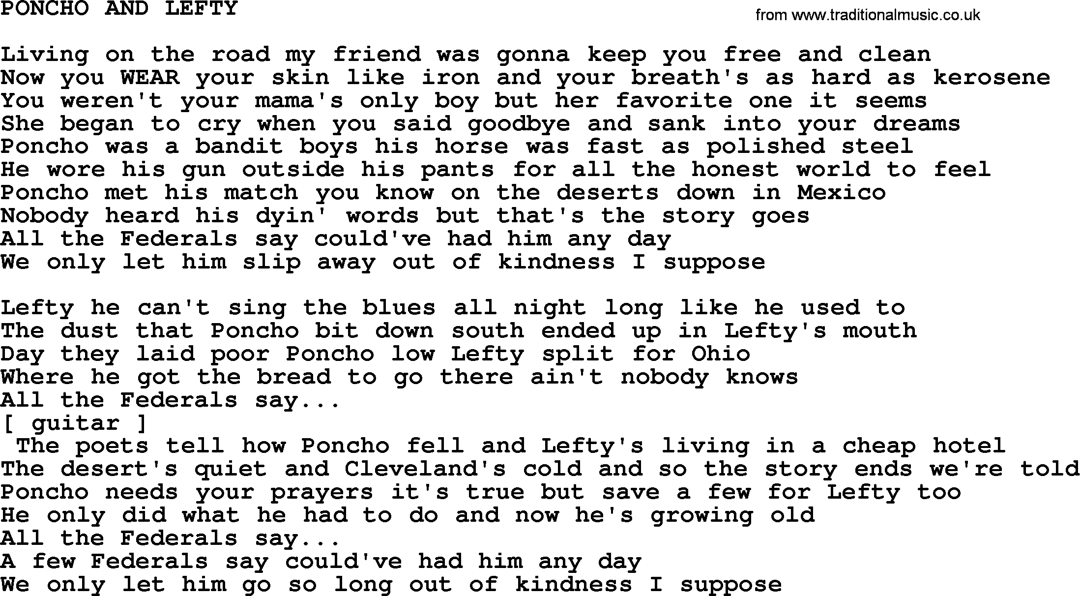Merle Haggard song: Poncho And Lefty, lyrics.