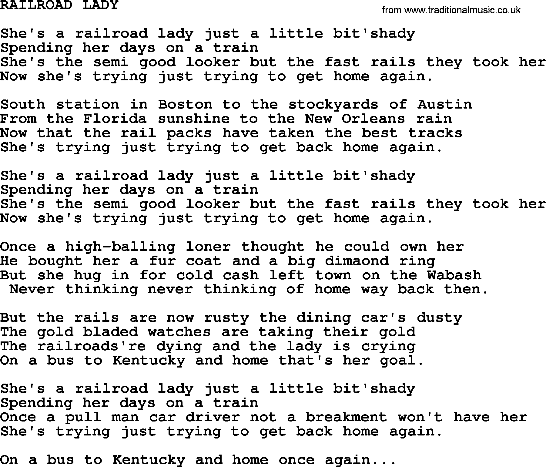 Merle Haggard song: Railroad Lady, lyrics.