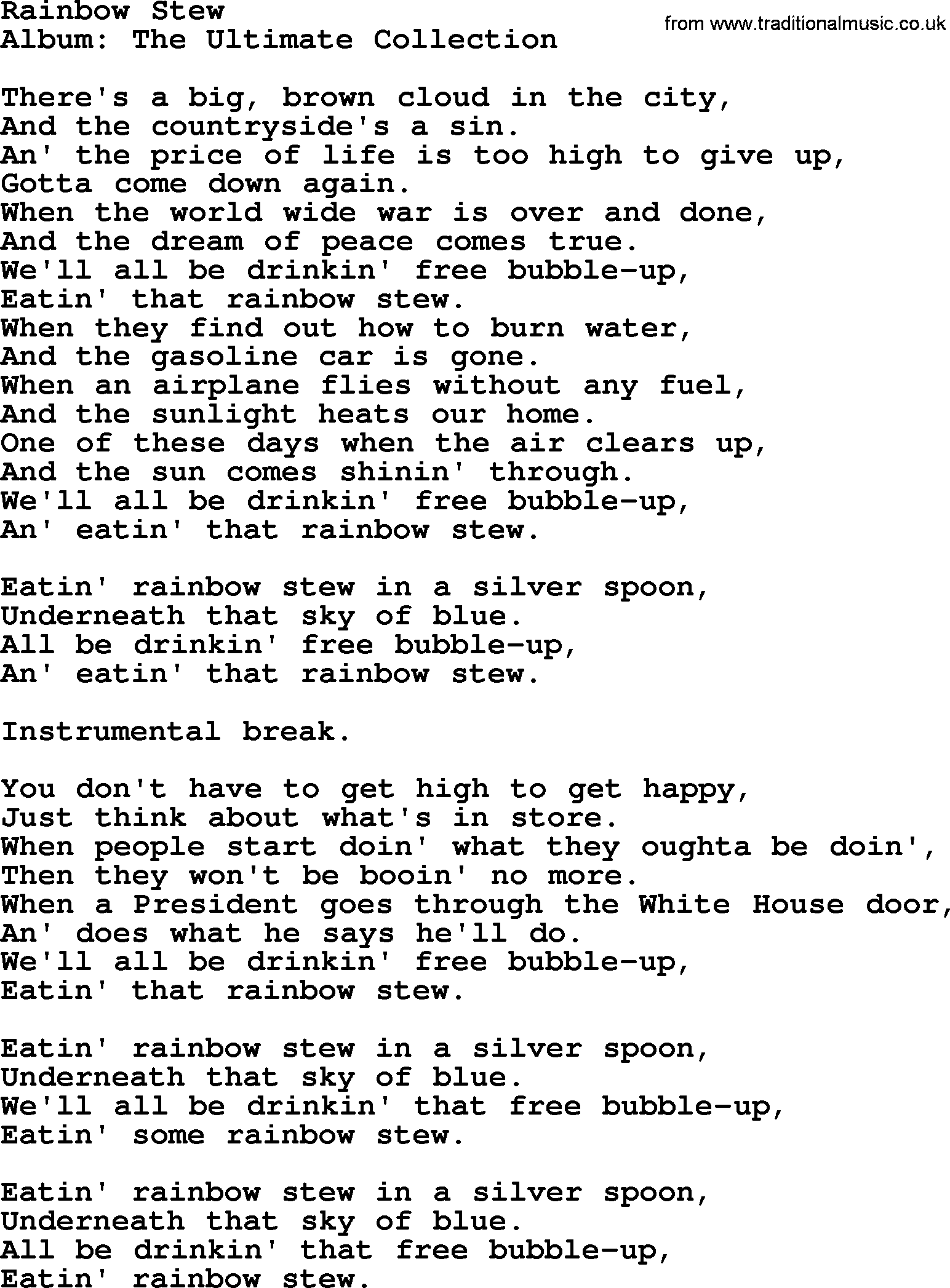 Merle Haggard song: Rainbow Stew, lyrics.
