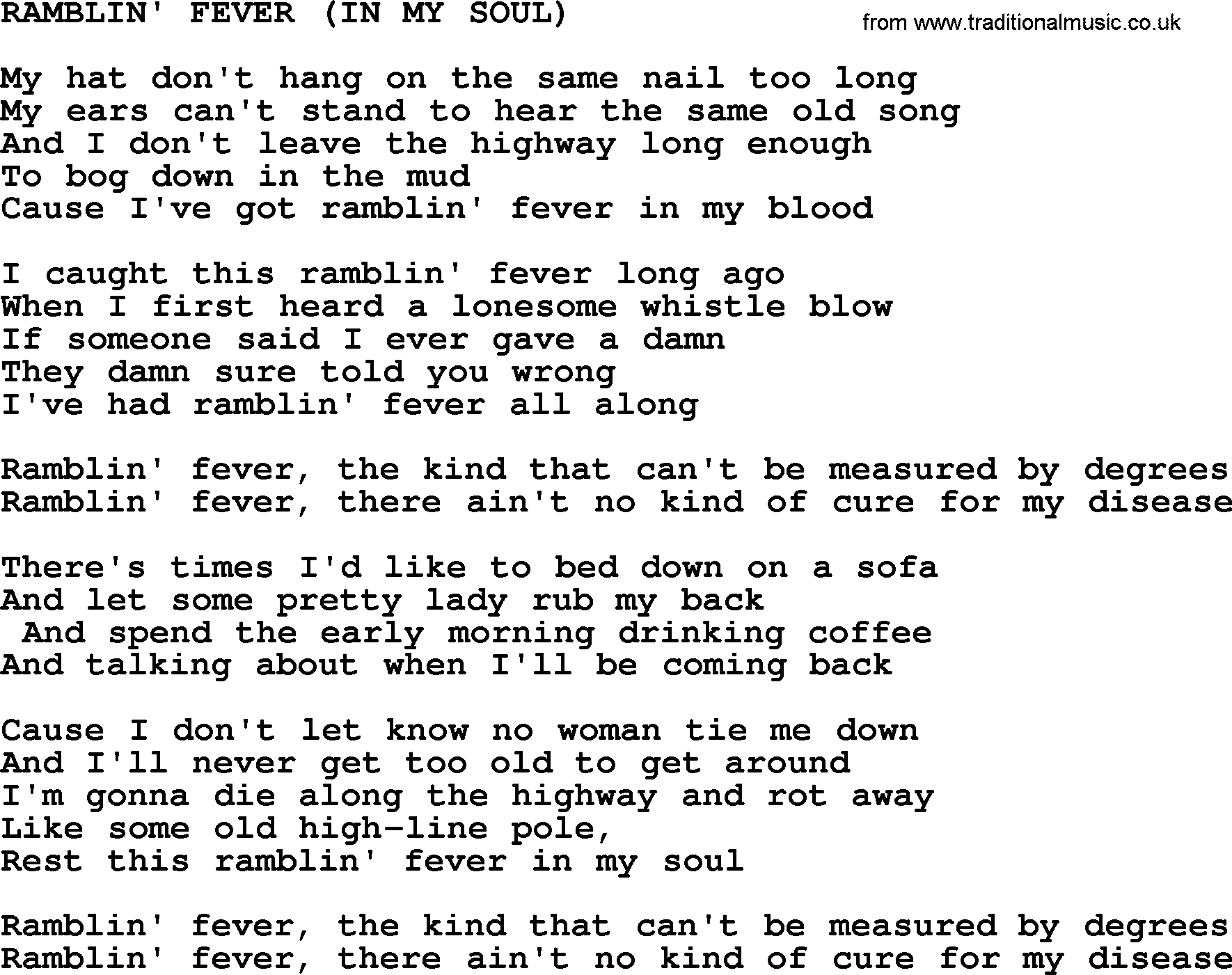 Merle Haggard song: Ramblin' Fever In My Soul, lyrics.