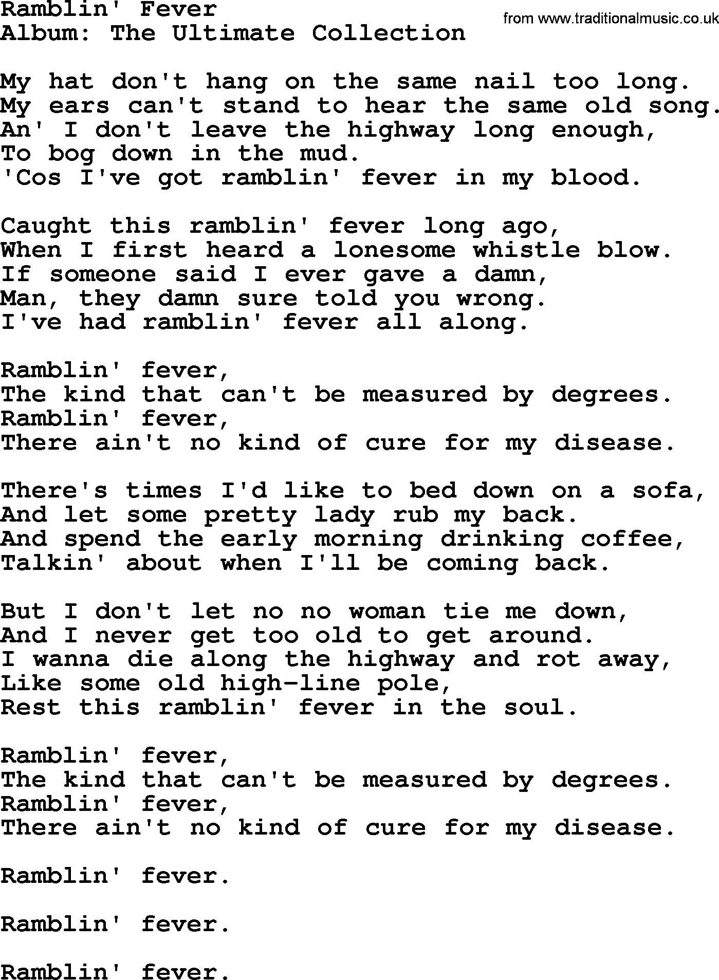 Merle Haggard song: Ramblin' Fever, lyrics.