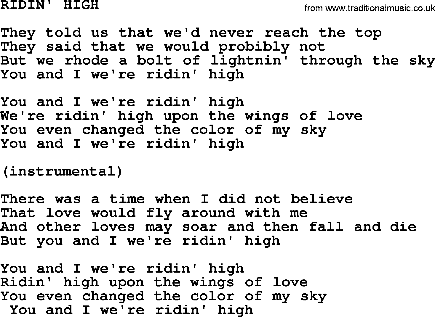 Merle Haggard song: Ridin' High, lyrics.