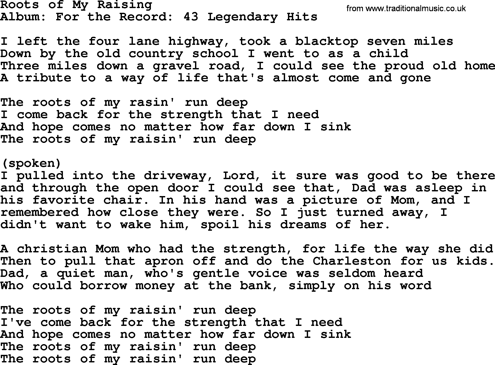 Merle Haggard song: Roots Of My Raising, lyrics.