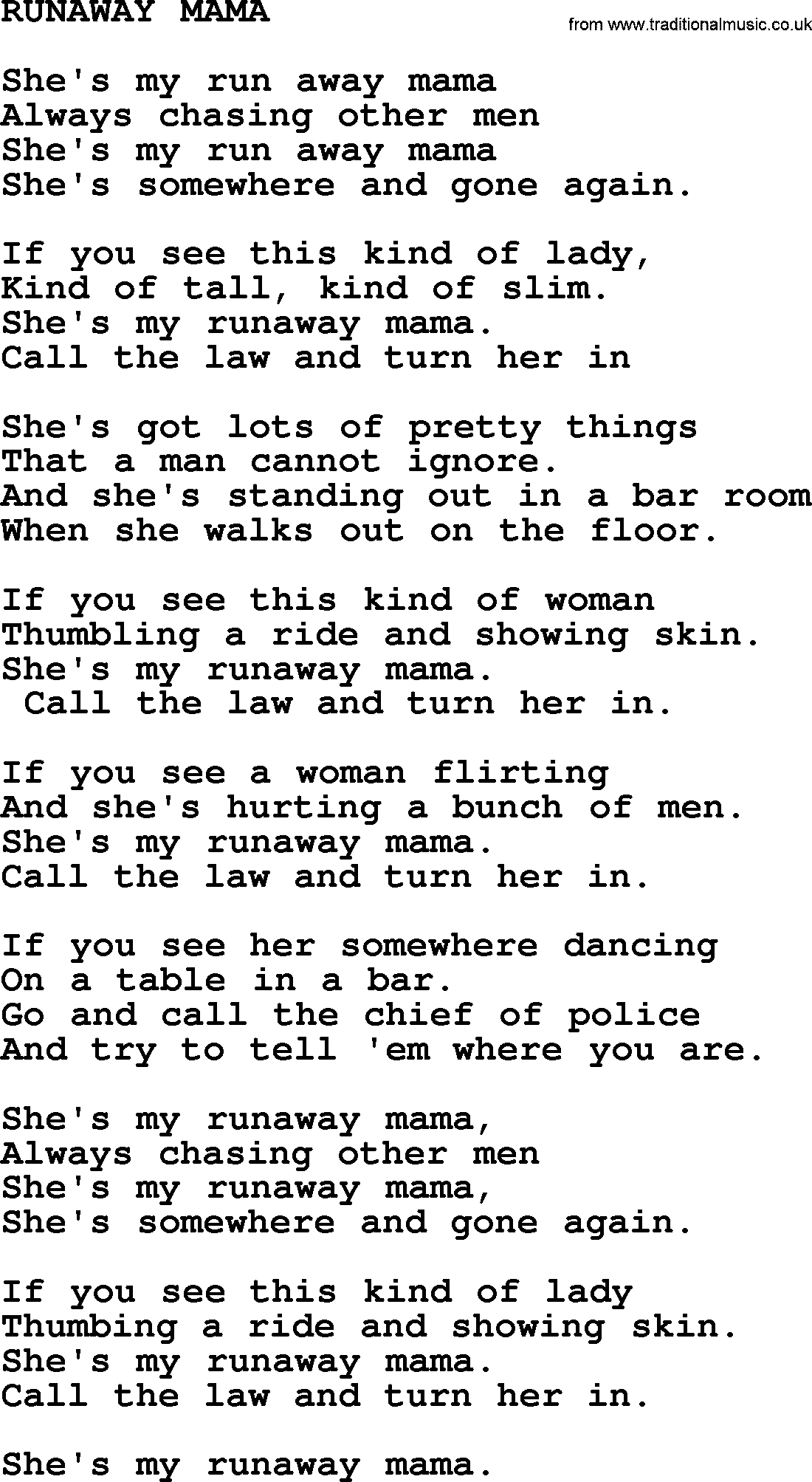 Merle Haggard song: Runaway Mama, lyrics.