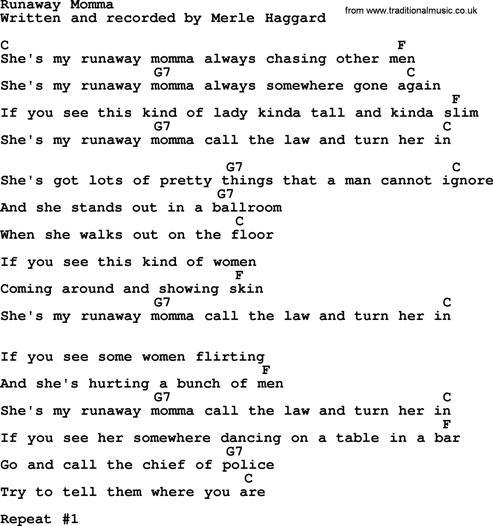 Merle Haggard song: Runaway Momma, lyrics and chords