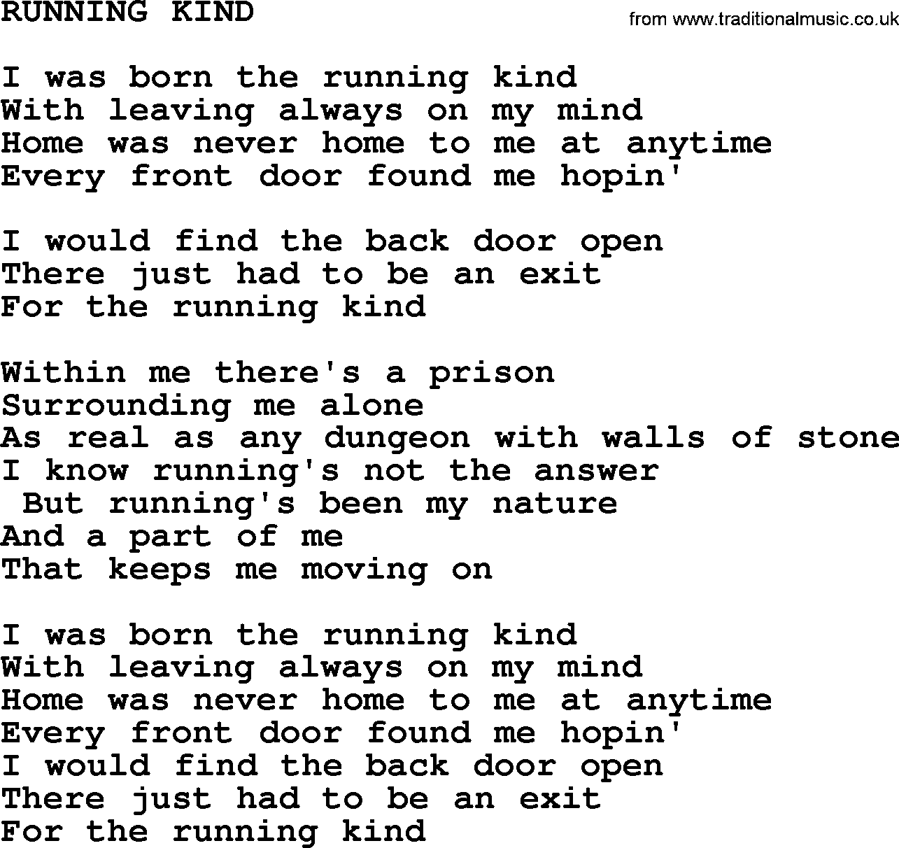 Merle Haggard song: Running Kind, lyrics.