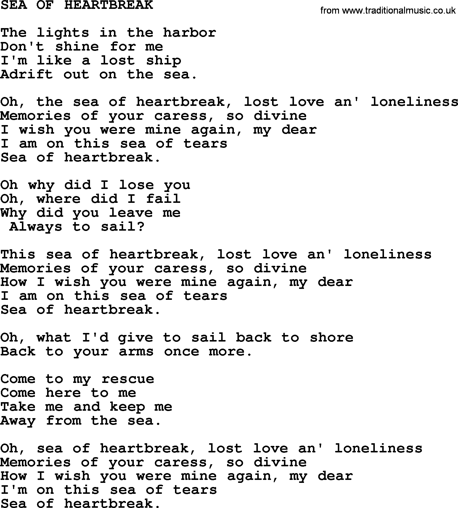 Merle Haggard song: Sea Of Heartbreak, lyrics.