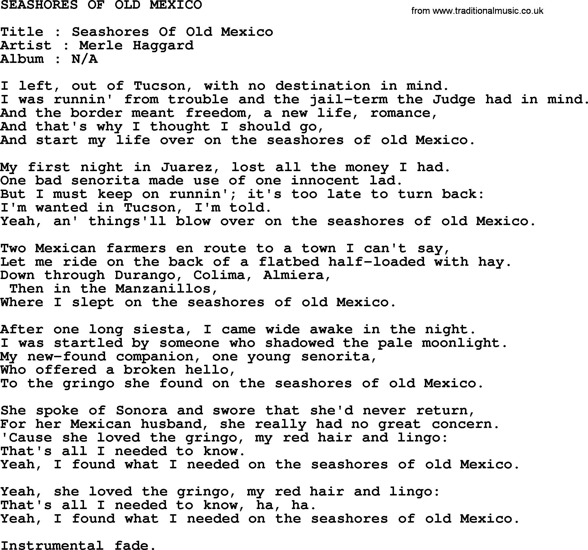 Merle Haggard song: Seashores Of Old Mexico, lyrics.
