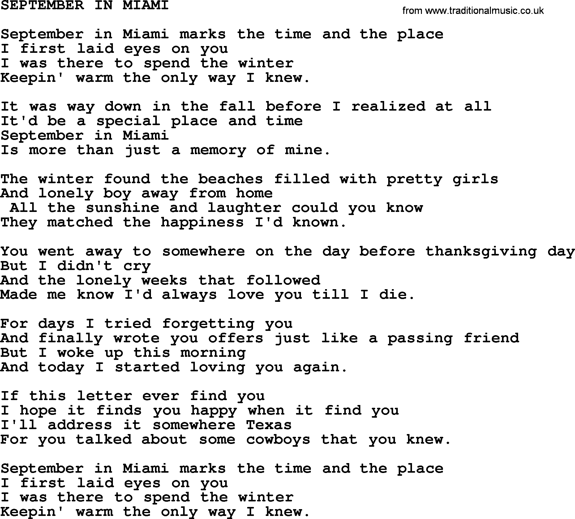 Merle Haggard song: September In Miami, lyrics.