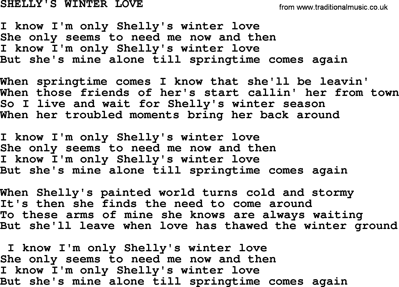 Merle Haggard song: Shelly's Winter Love, lyrics.