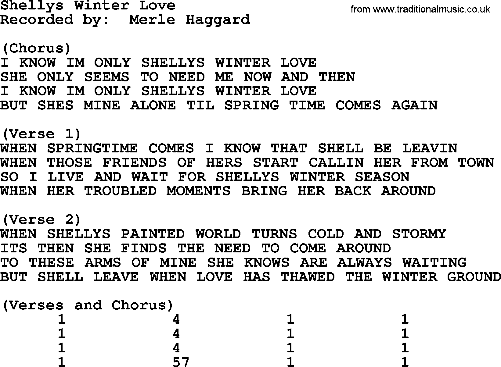 Merle Haggard song: Shellys Winter Love, lyrics and chords