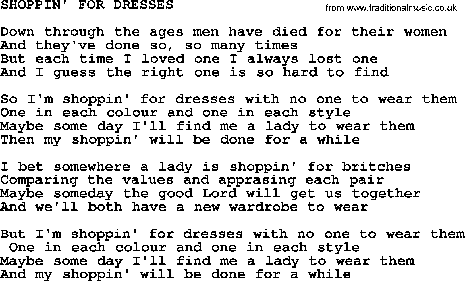Merle Haggard song: Shoppin' For Dresses, lyrics.