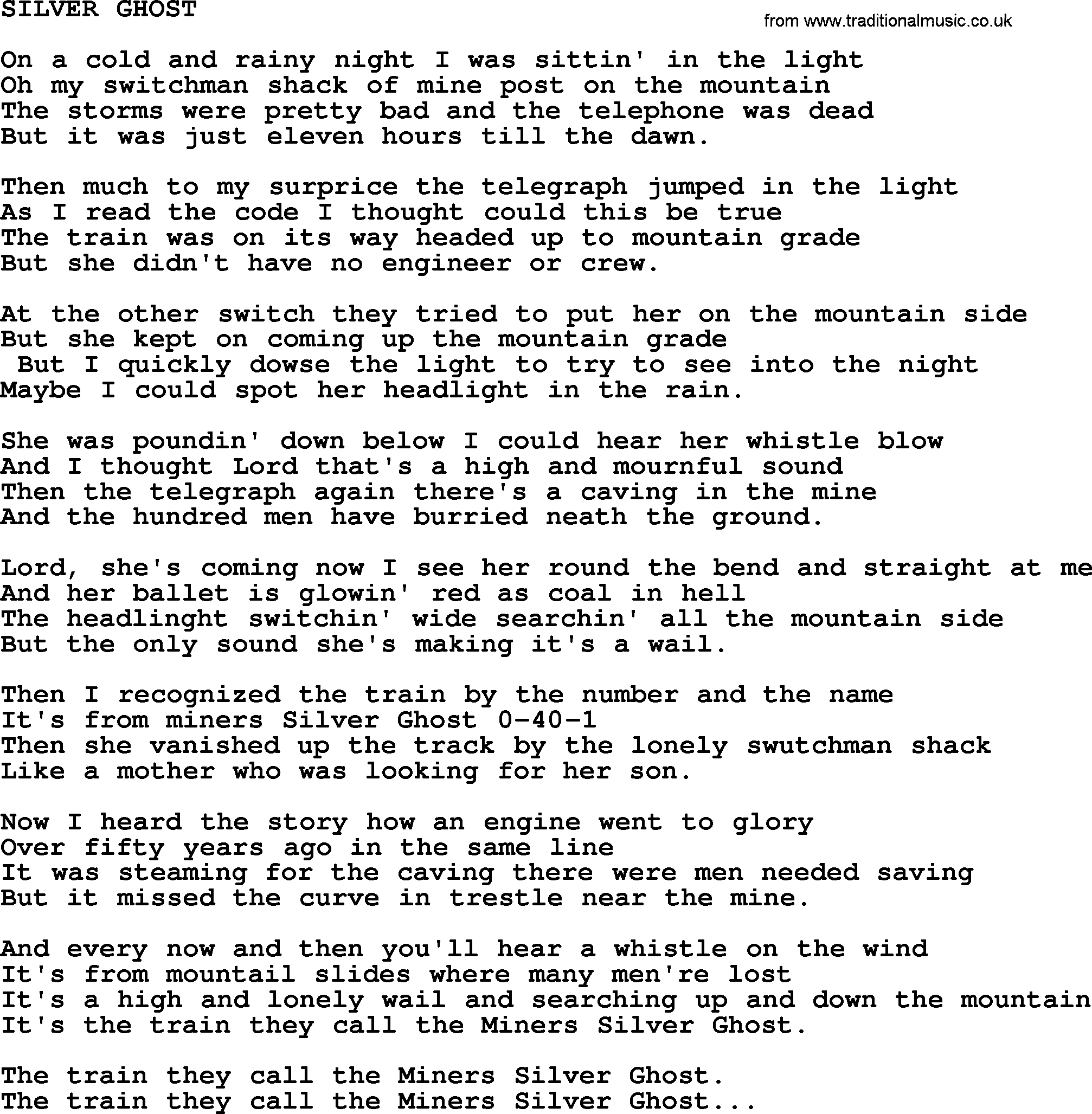 Merle Haggard song: Silver Ghost, lyrics.