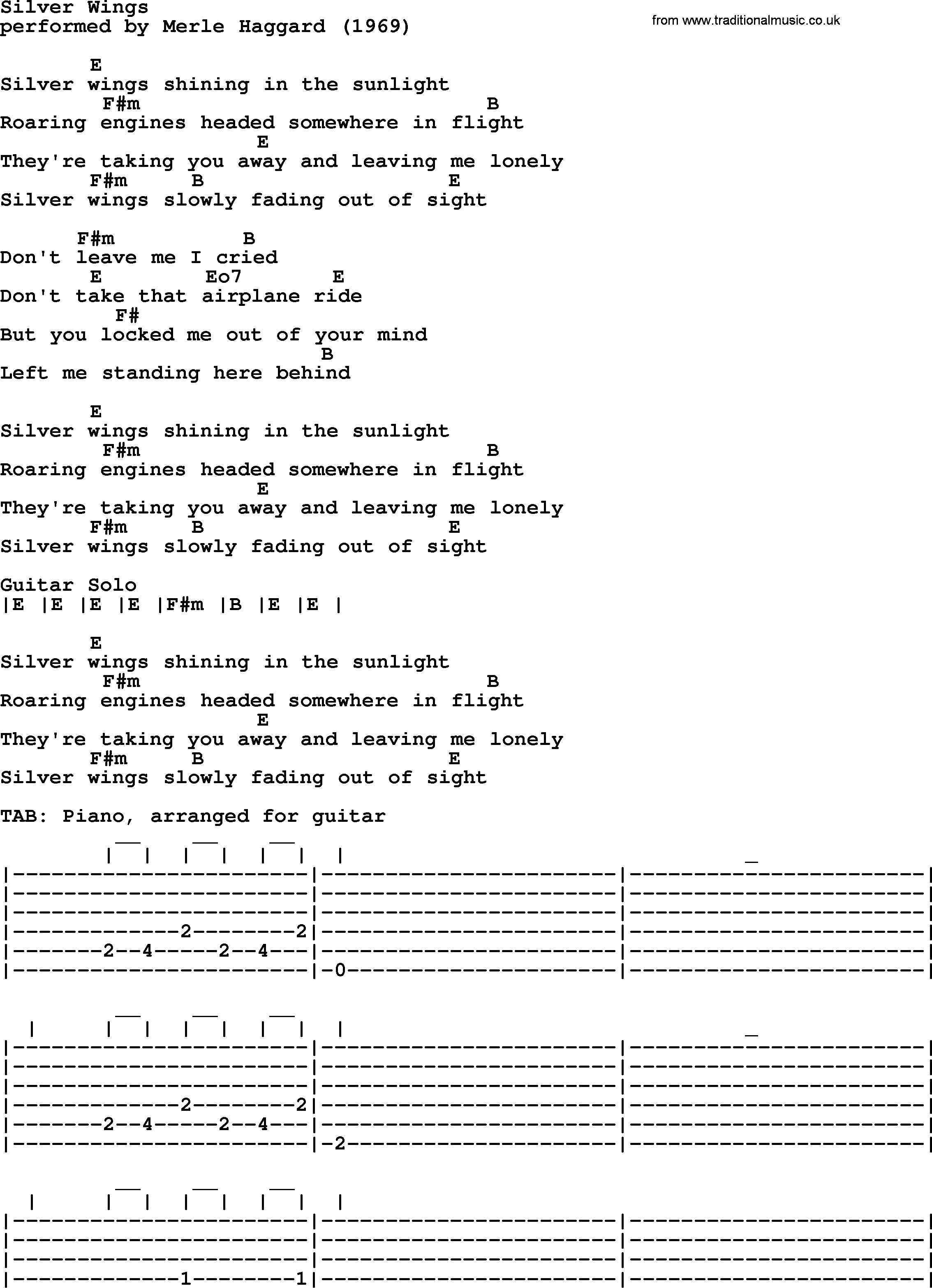 Merle Haggard song: Silver Wings, lyrics and chords