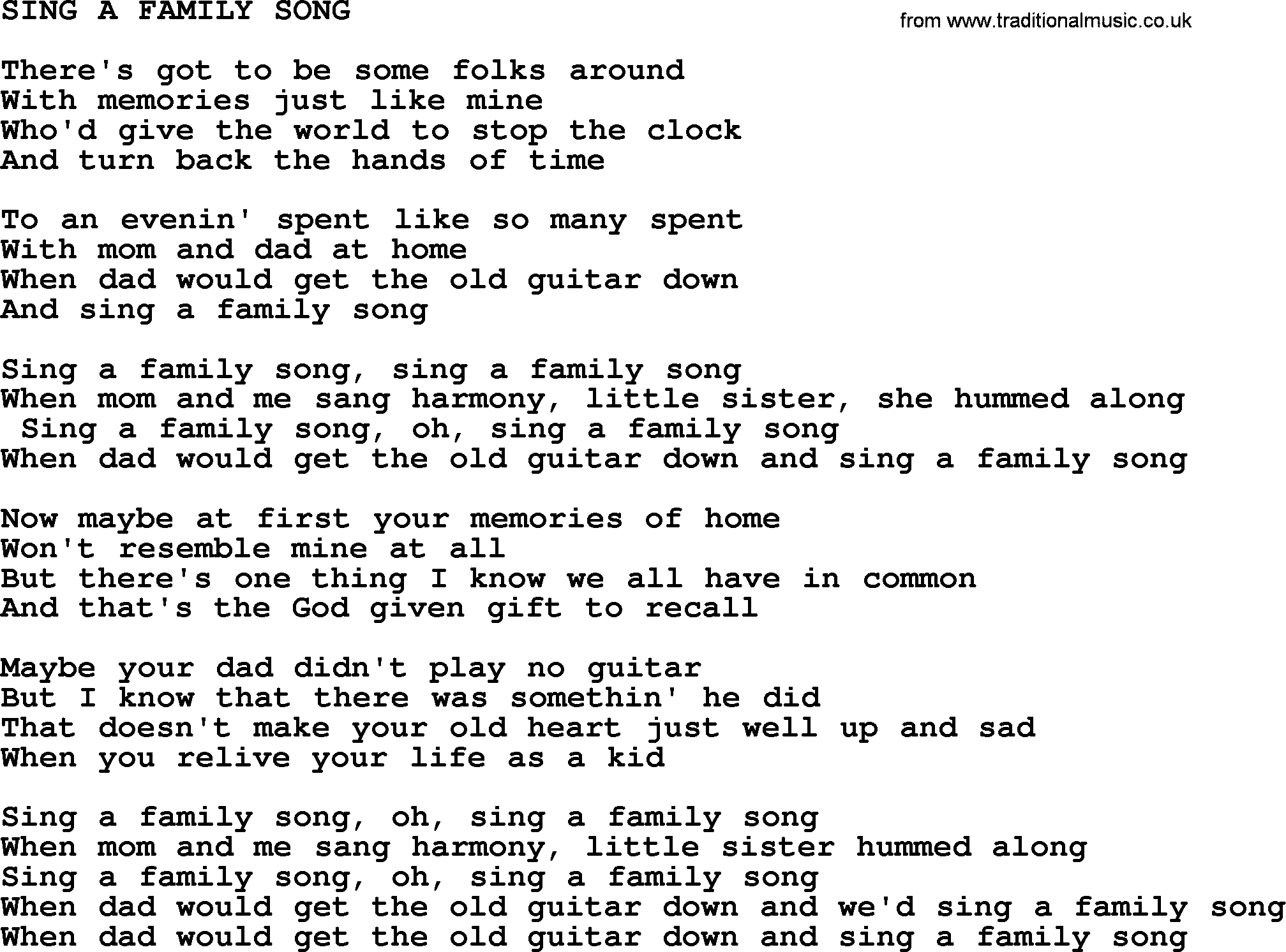 Merle Haggard song: Sing A Family Song, lyrics.