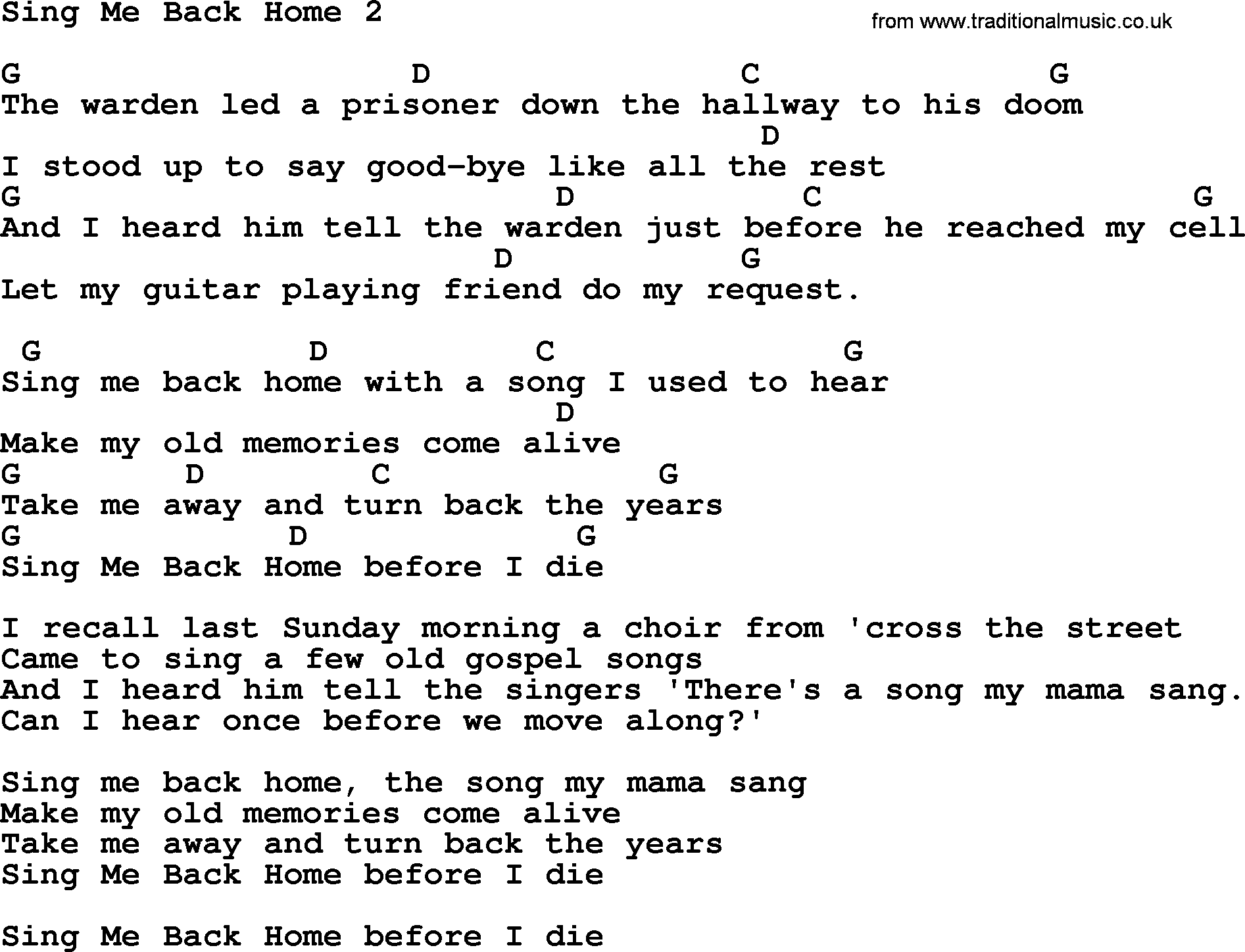 Merle Haggard song: Sing Me Back Home 2, lyrics and chords