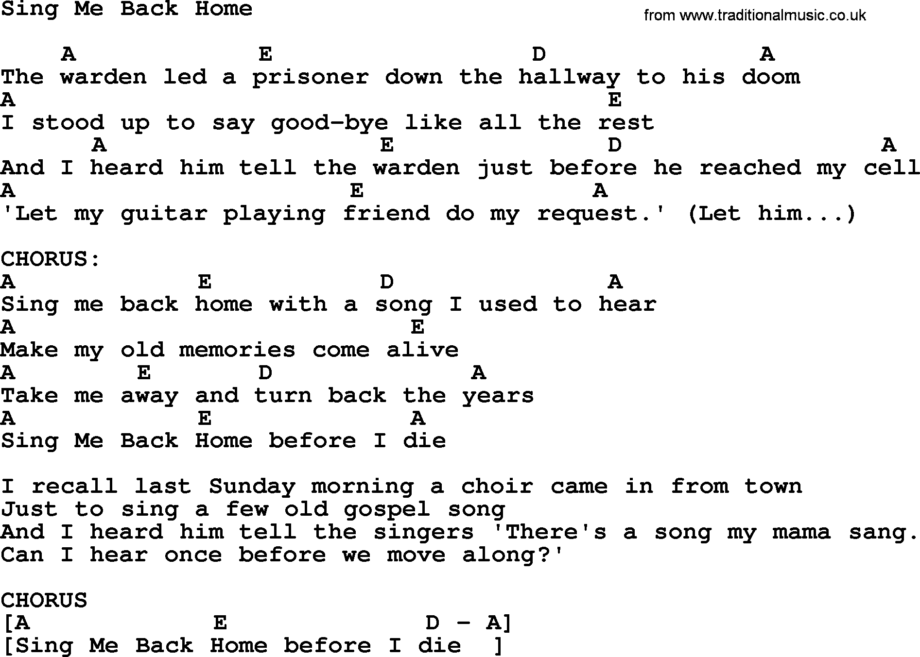Merle Haggard song: Sing Me Back Home, lyrics and chords