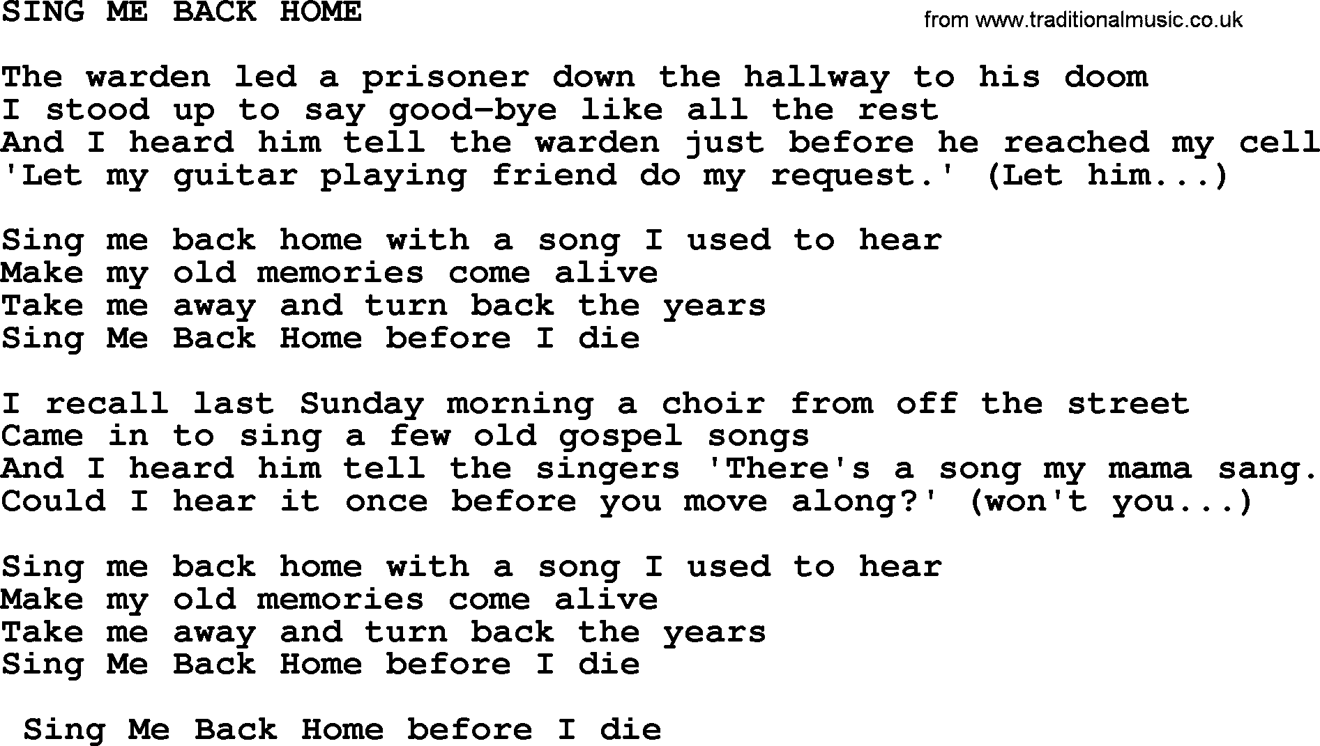 Merle Haggard song: Sing Me Back Home, lyrics.