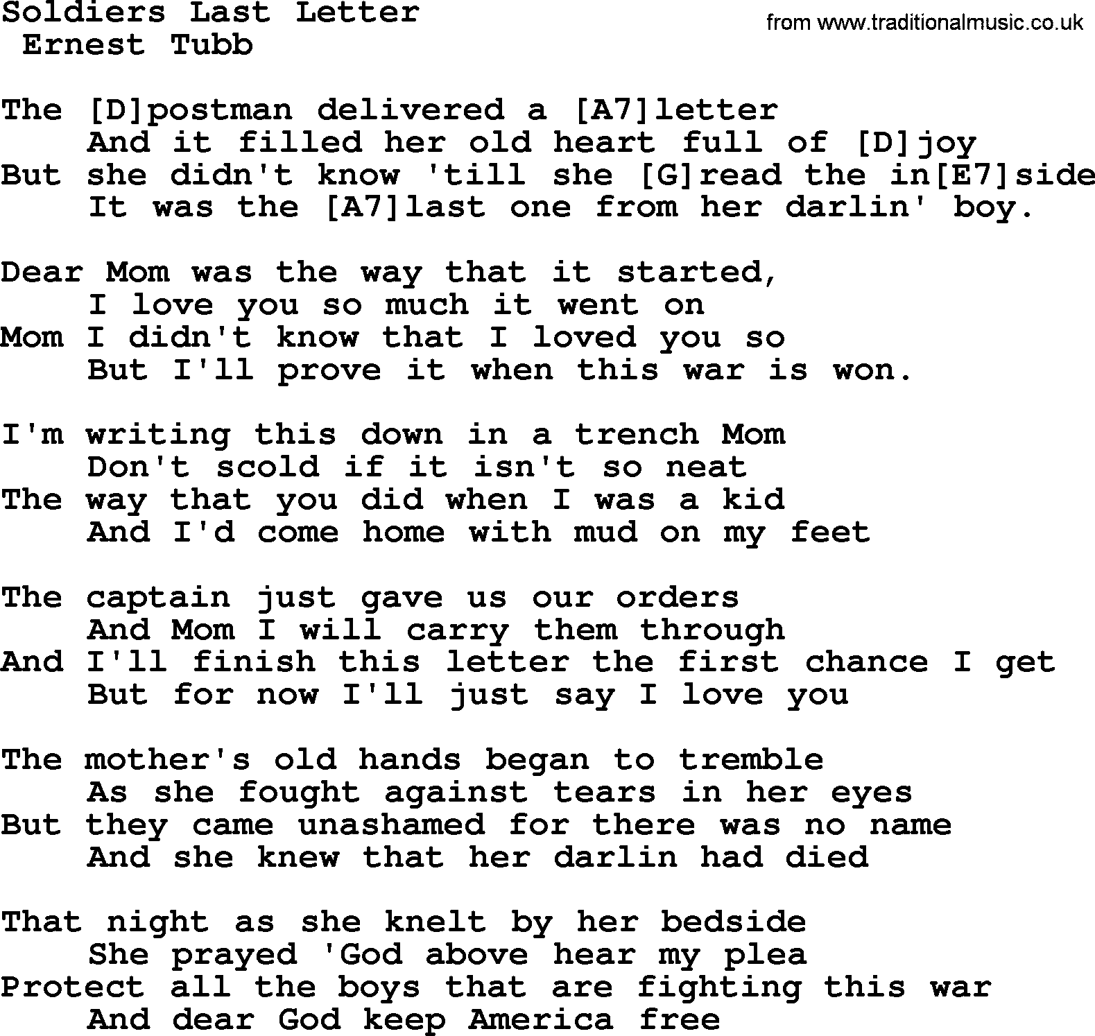 Merle Haggard song: Soldiers Last Letter, lyrics and chords