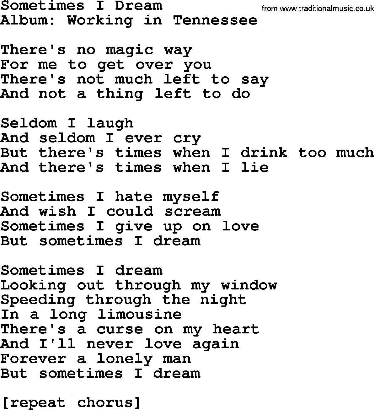 Merle Haggard song: Sometimes I Dream, lyrics.