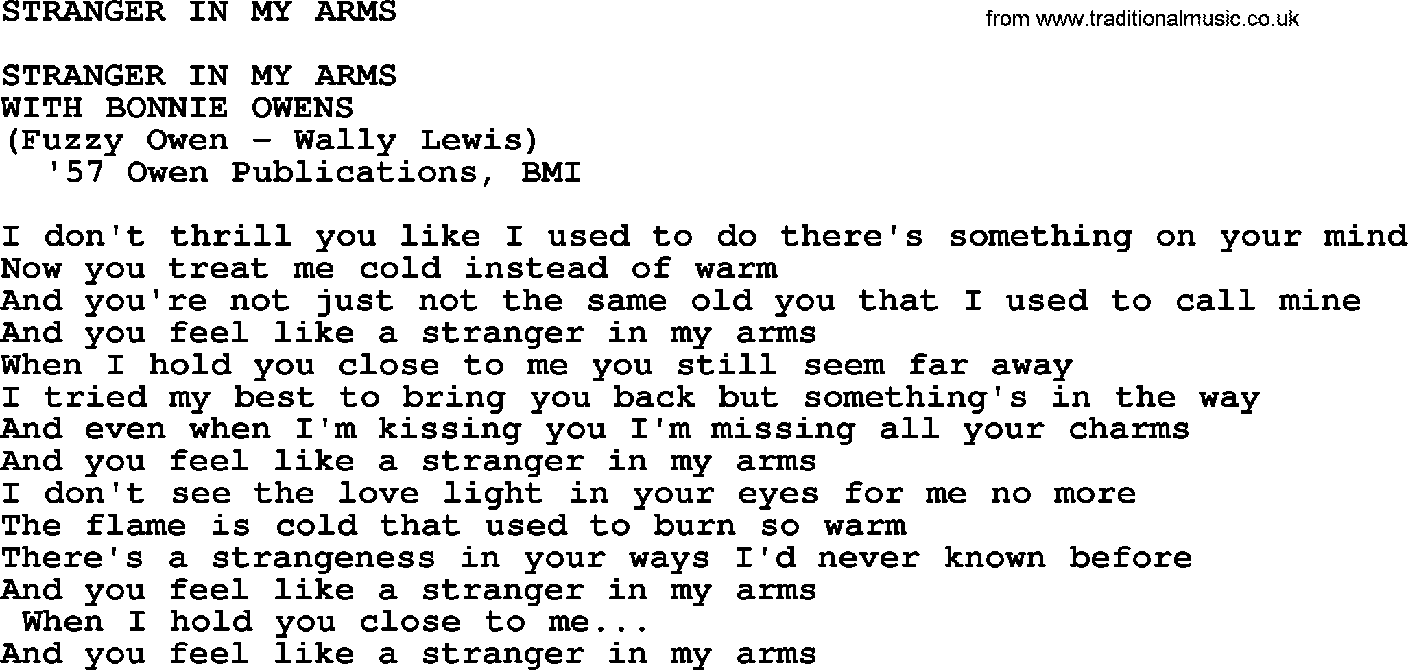 Merle Haggard song: Stranger In My Arms, lyrics.