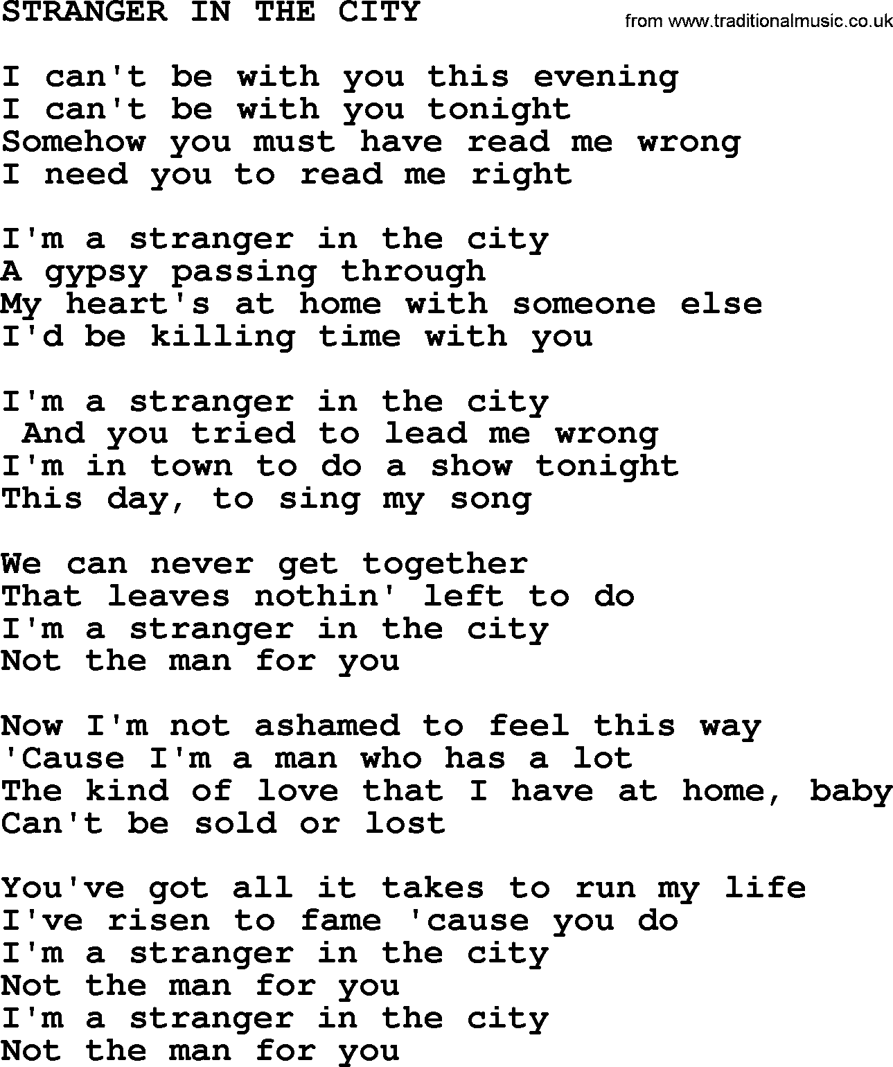 Merle Haggard song: Stranger In The City, lyrics.