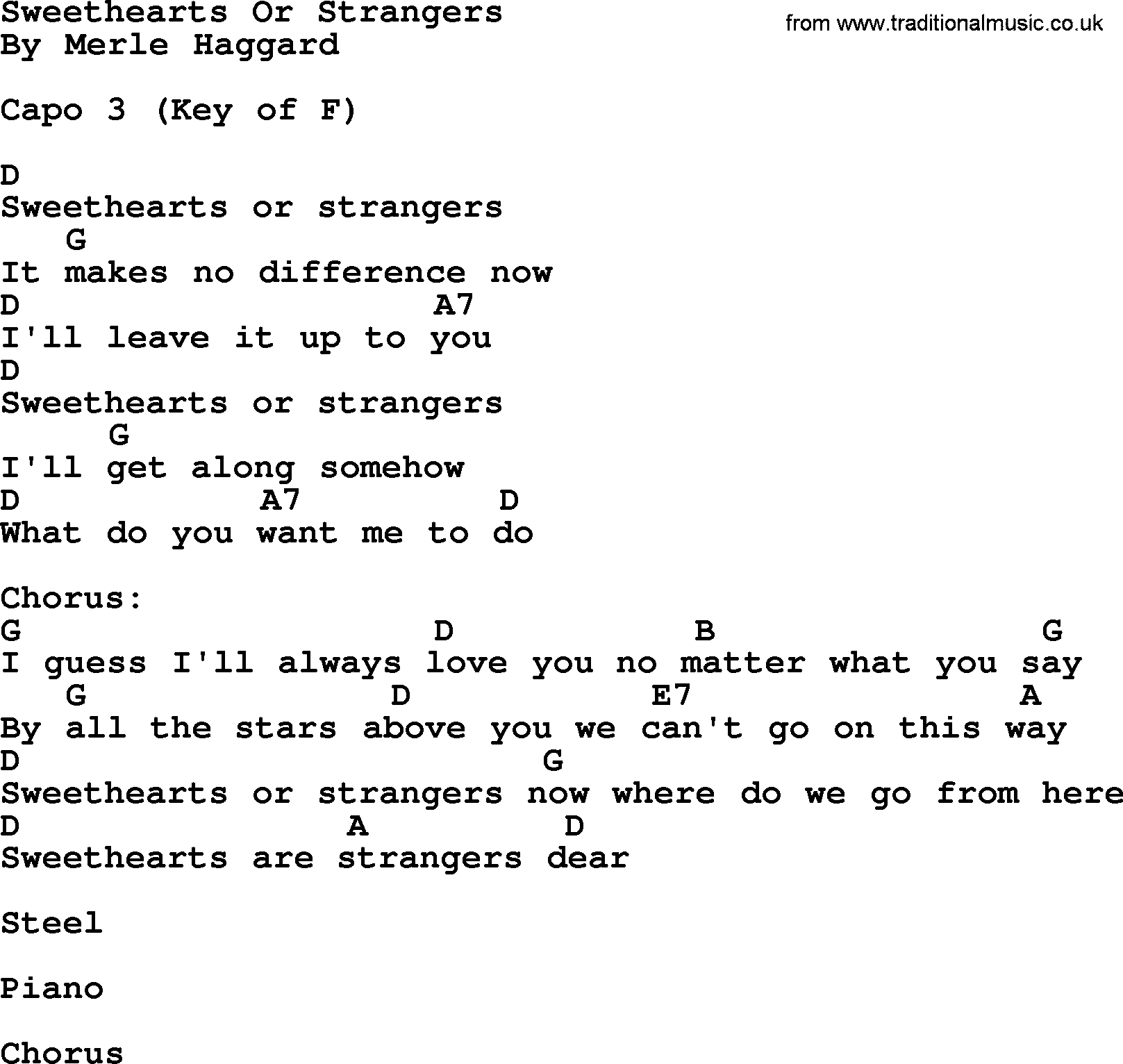 Merle Haggard song: Sweethearts Or Strangers, lyrics and chords