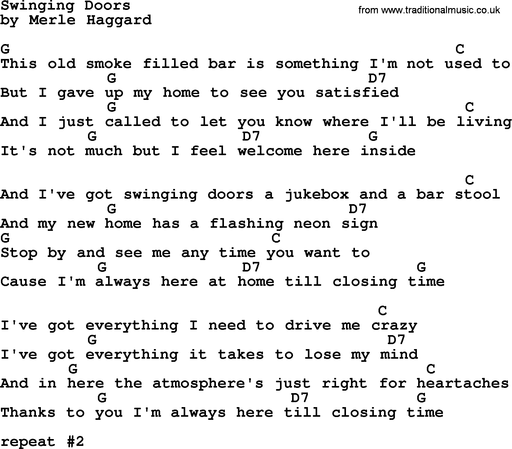 Merle Haggard song: Swinging Doors, lyrics and chords