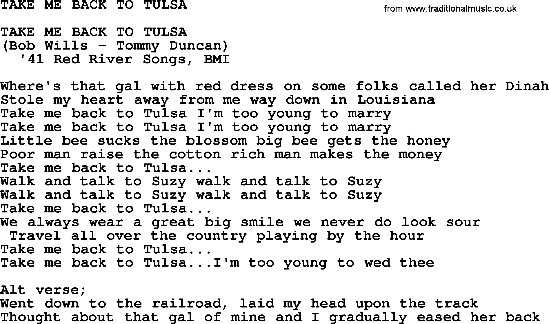 Merle Haggard song: Take Me Back To Tulsa, lyrics.