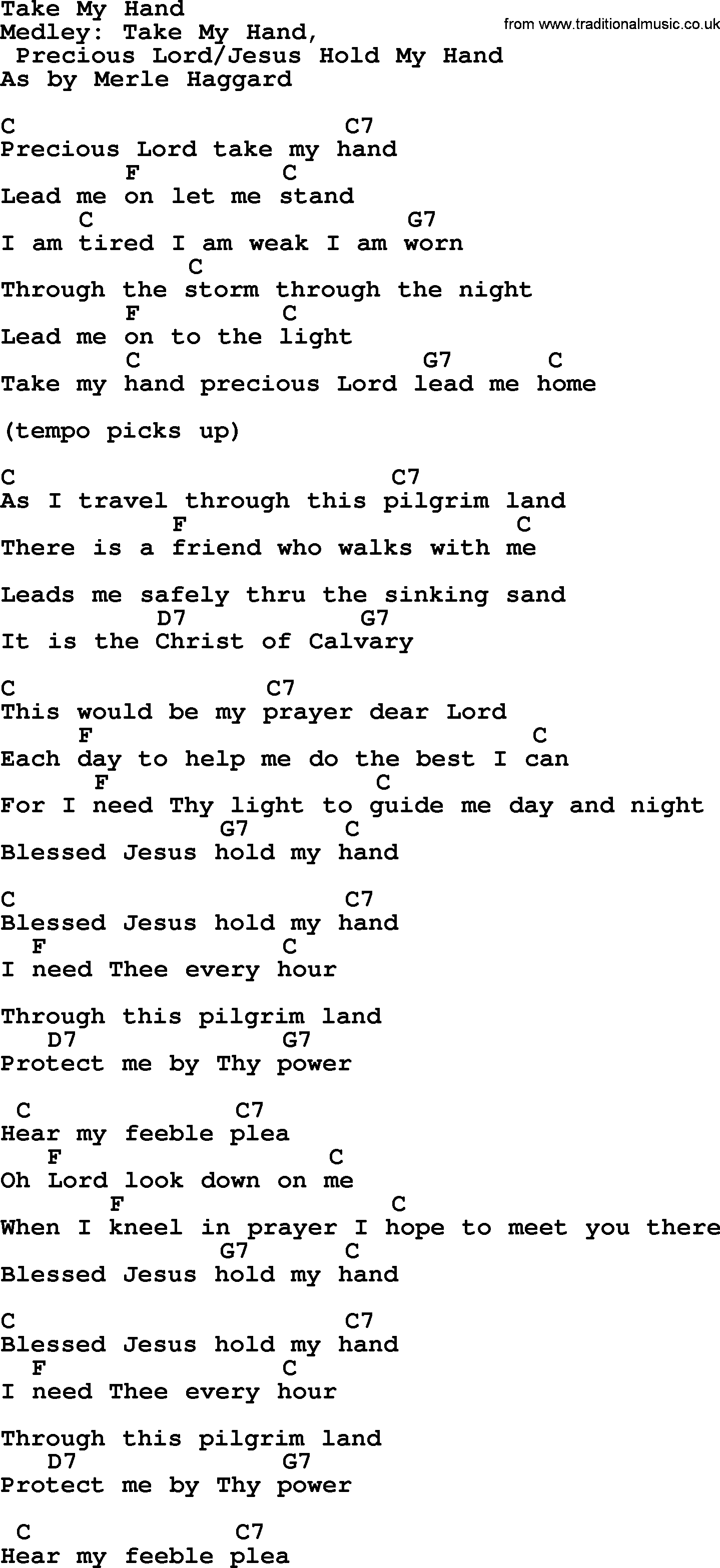 Merle Haggard song: Take My Hand, lyrics and chords