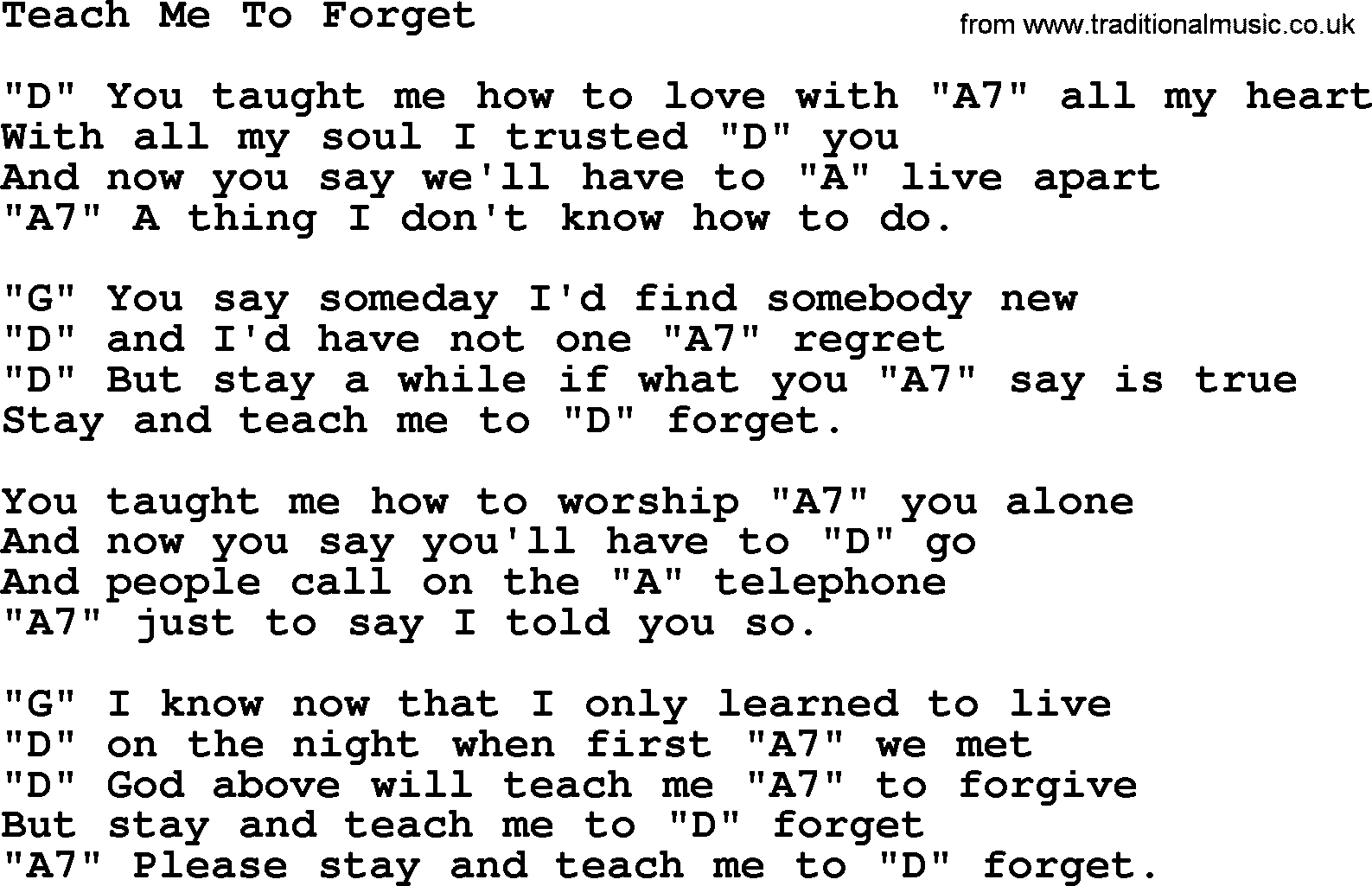 Merle Haggard song: Teach Me To Forget, lyrics and chords