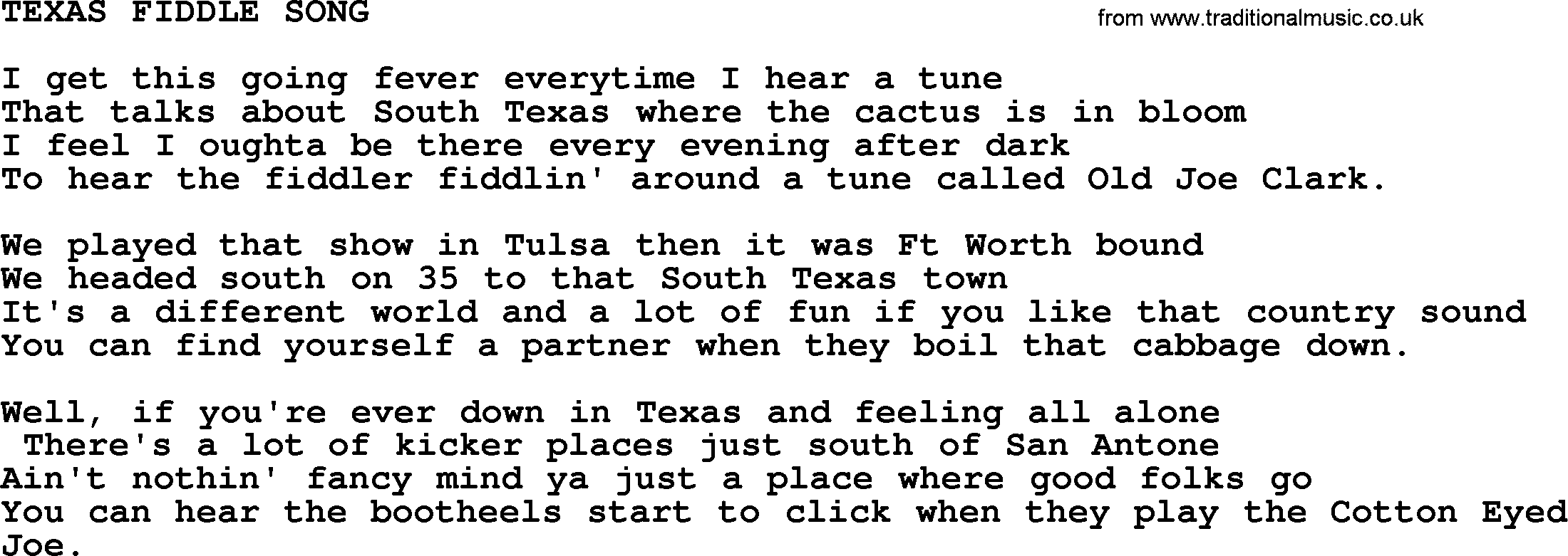Merle Haggard song: Texas Fiddle Song, lyrics.