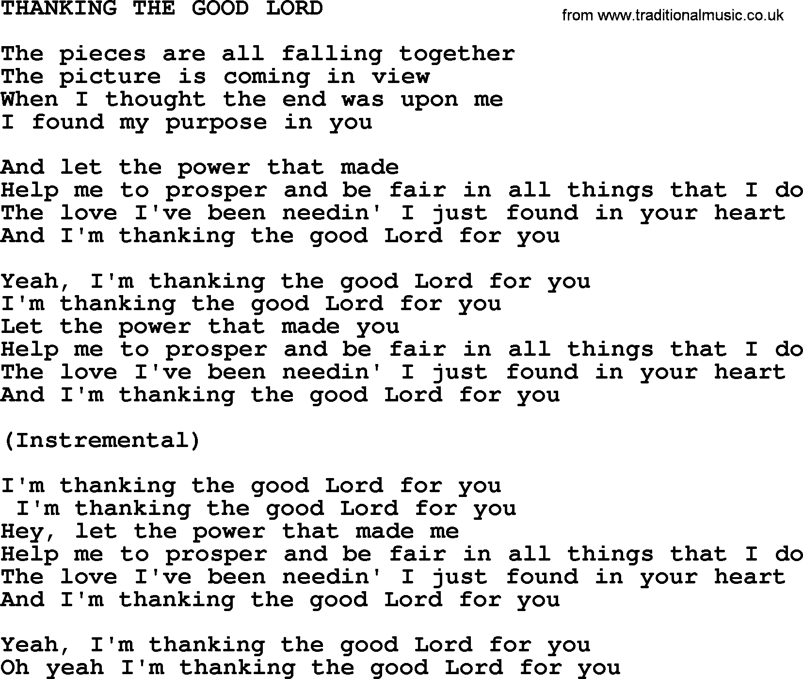 Merle Haggard song: Thanking The Good Lord, lyrics.