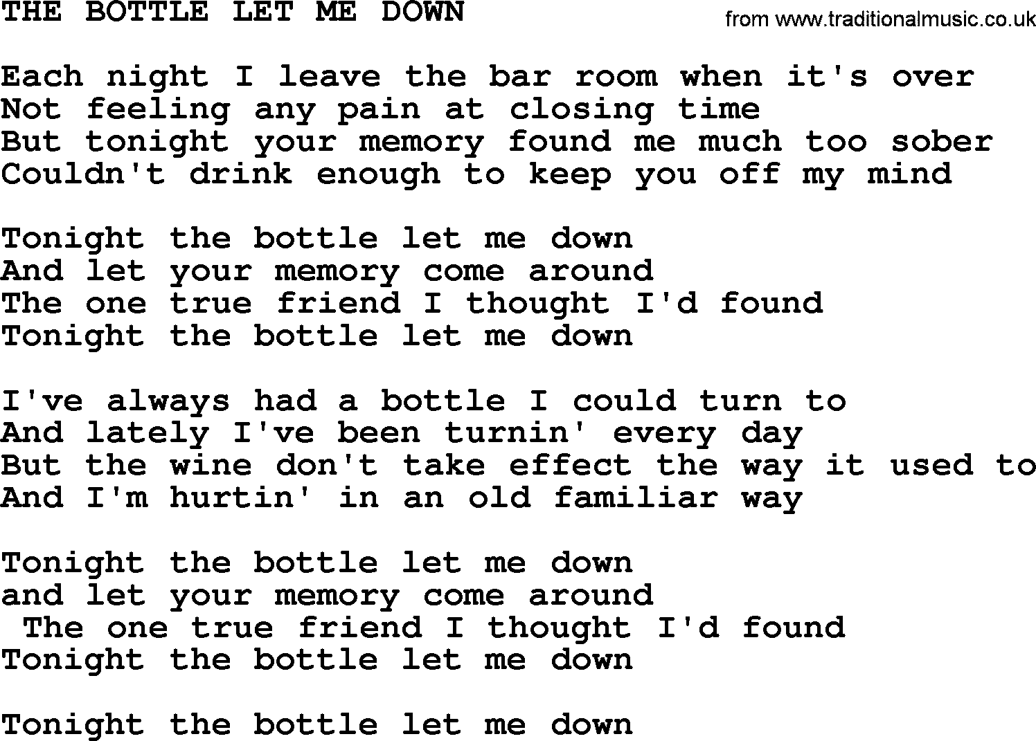 Merle Haggard song: The Bottle Let Me Down, lyrics.