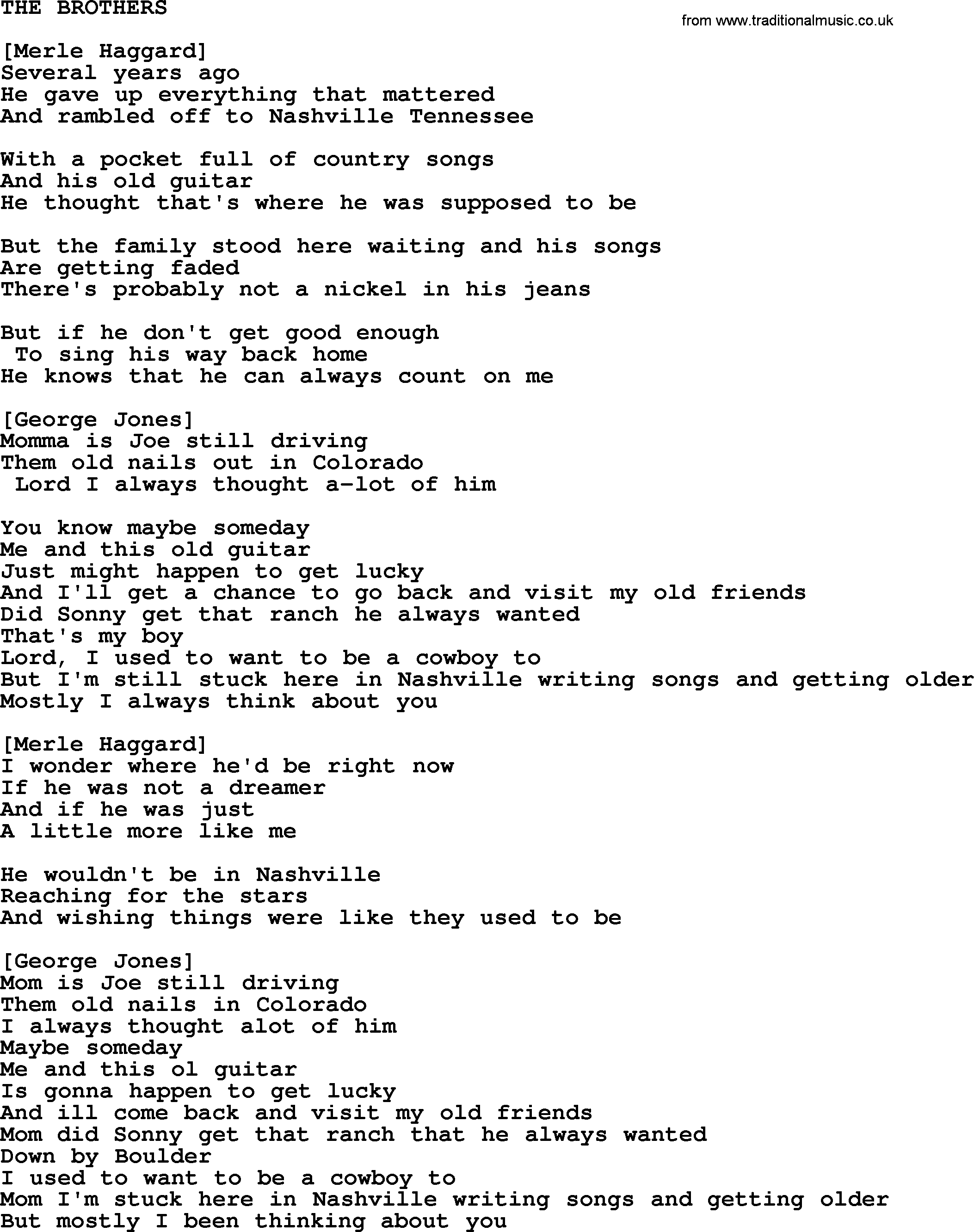 Merle Haggard song: The Brothers, lyrics.