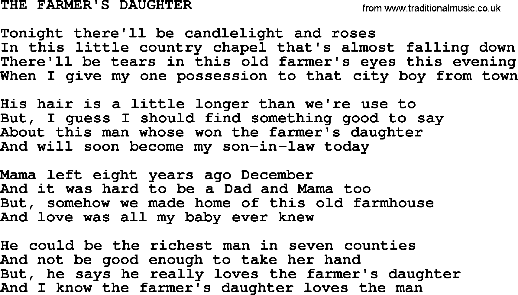 Merle Haggard song: The Farmer's Daughter, lyrics.