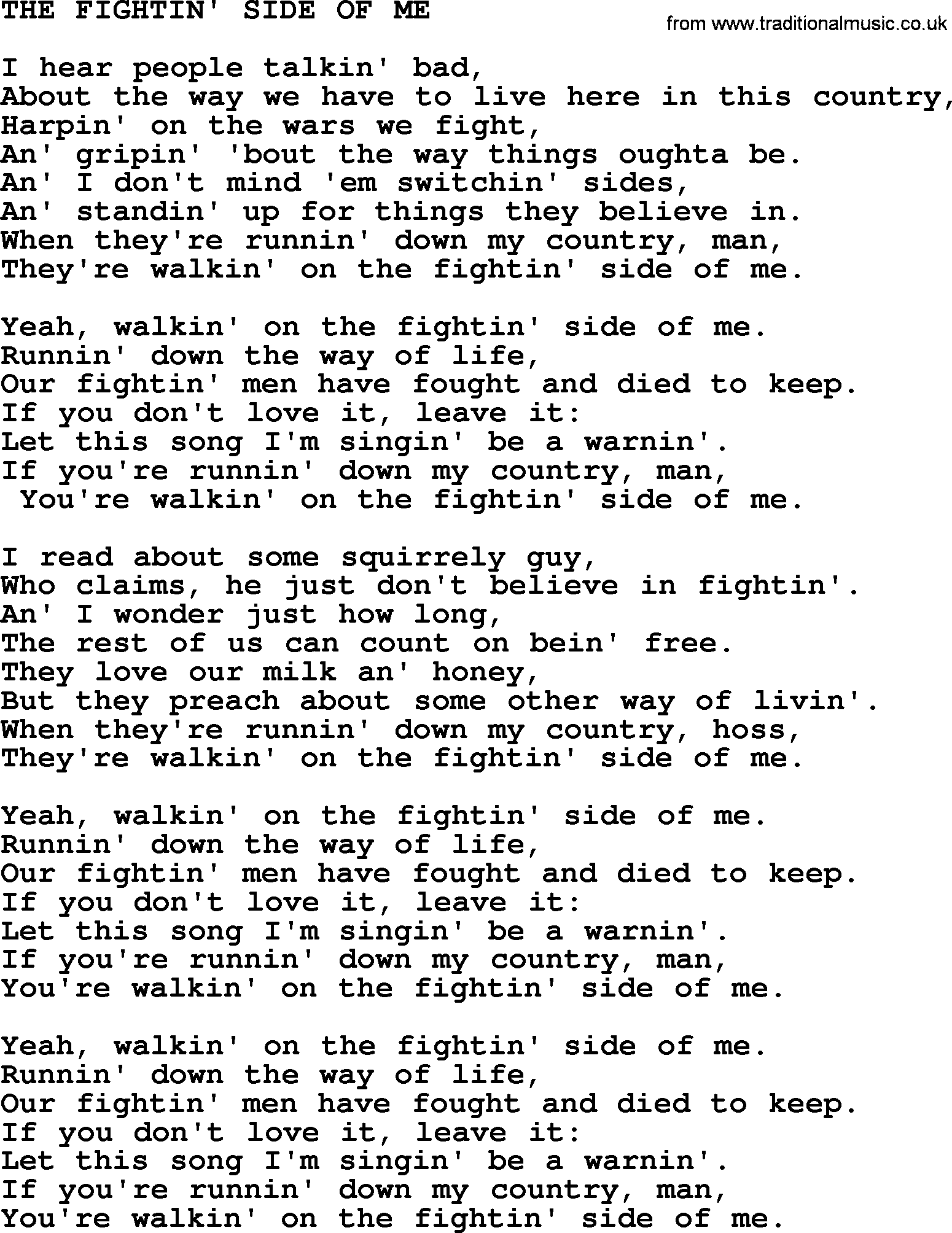 Merle Haggard song: The Fightin' Side Of Me, lyrics.