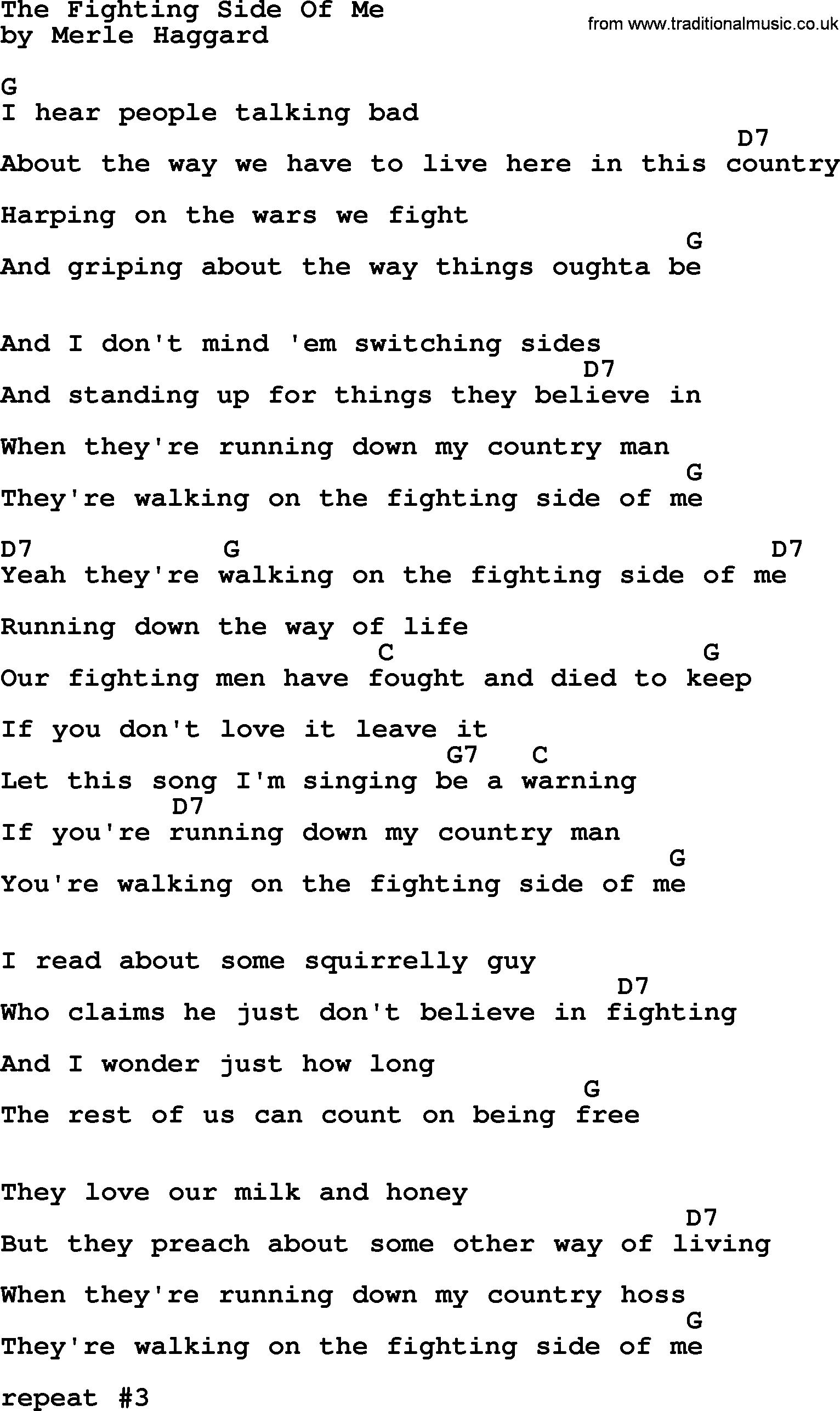 Merle Haggard song: The Fighting Side Of Me, lyrics and chords