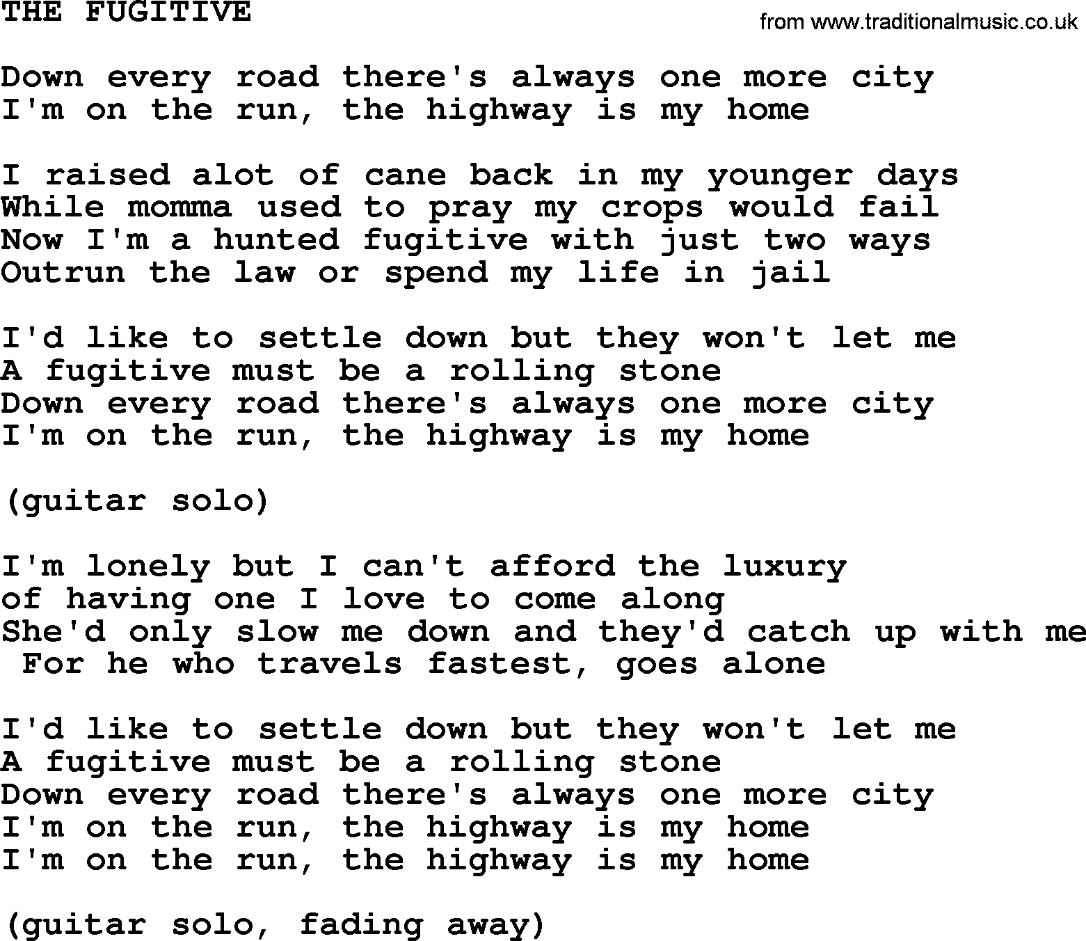 Merle Haggard song: The Fugitive, lyrics.