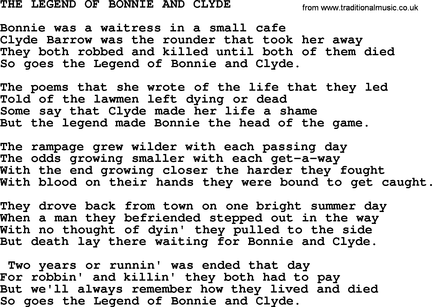 Merle Haggard song: The Legend Of Bonnie And Clyde, lyrics.