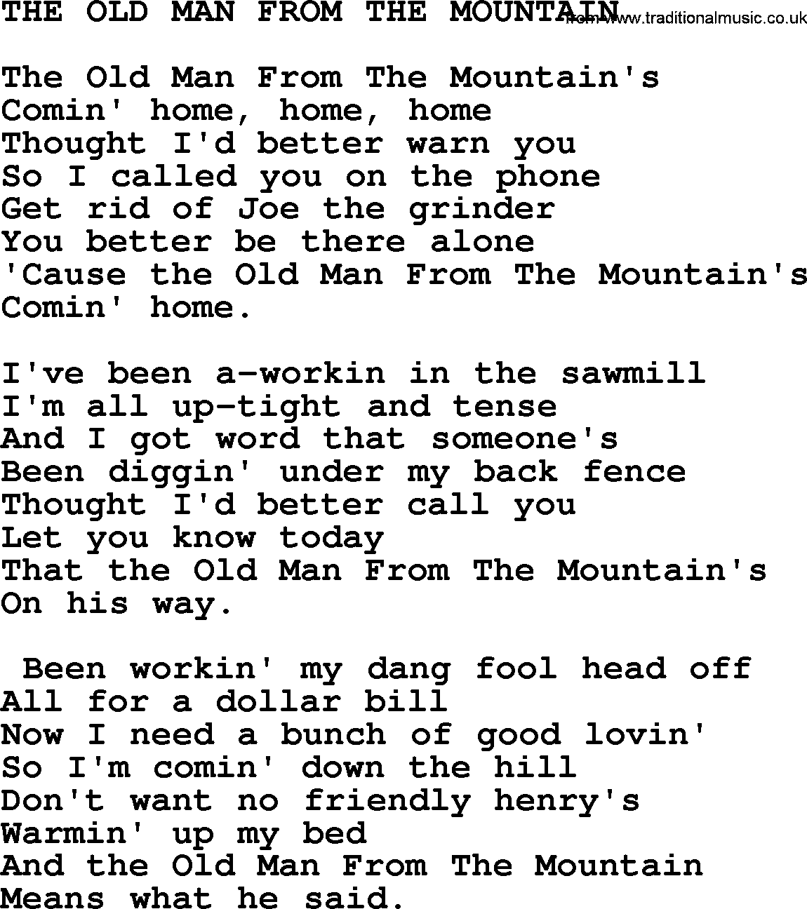 Merle Haggard song: The Old Man From The Mountain, lyrics.